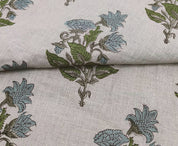 ABHISHEK || Grey Green Large  6" long floral block print linen fabric, Pillow Cushion Upholstery fabric by the yard, Home Decor