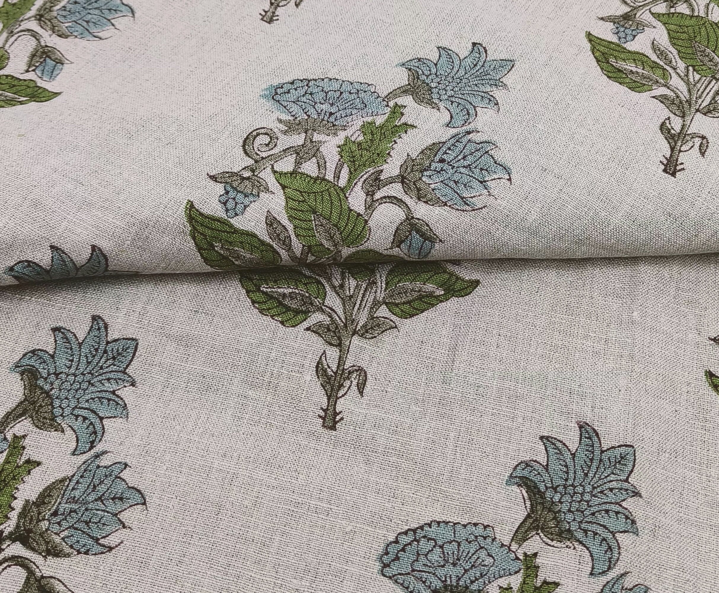 ABHISHEK || Grey Green Large  6" long floral block print linen fabric, Pillow Cushion Upholstery fabric by the yard, Home Decor