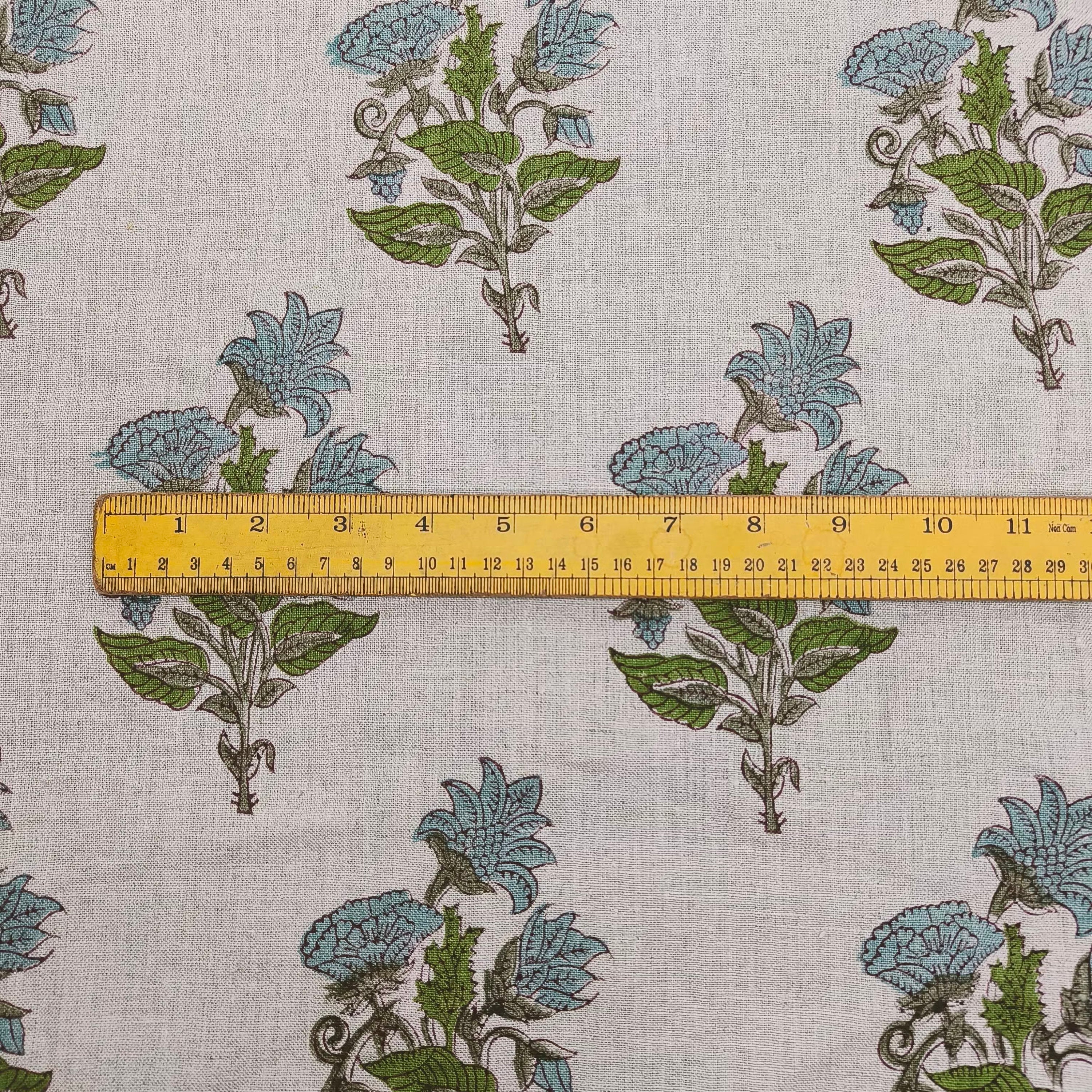 ABHISHEK || Grey Green Large  6" long floral block print linen fabric, Pillow Cushion Upholstery fabric by the yard, Home Decor