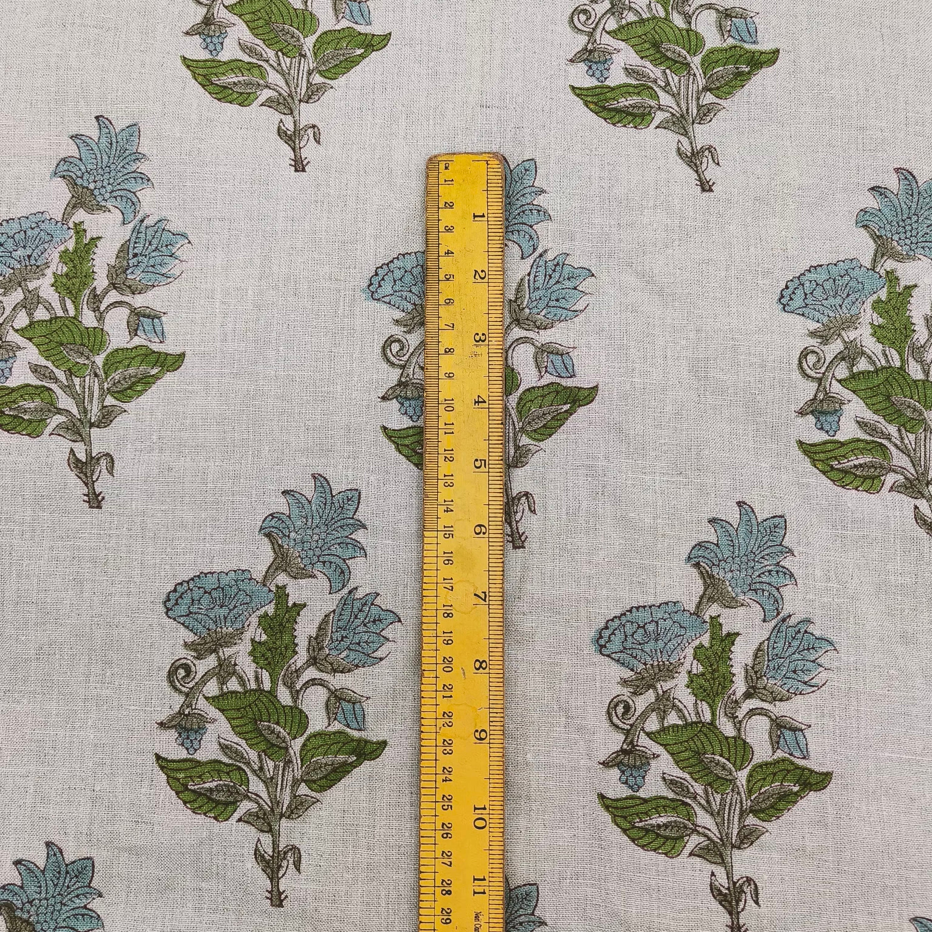 ABHISHEK || Grey Green Large  6" long floral block print linen fabric, Pillow Cushion Upholstery fabric by the yard, Home Decor