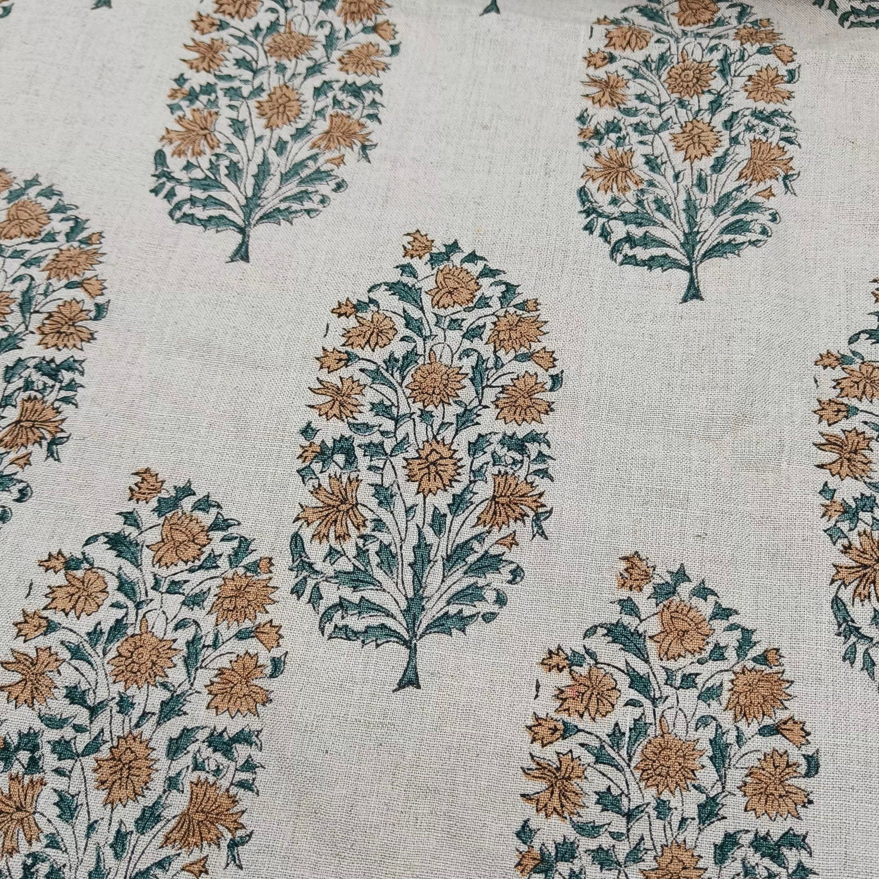 Block Print Linen Fabric, Virat  Brown Gray Floral Block Print Linen Fabric, Cushion Pillow Fabric, Upholstery Home Decor Boho Fabric, Hand Block