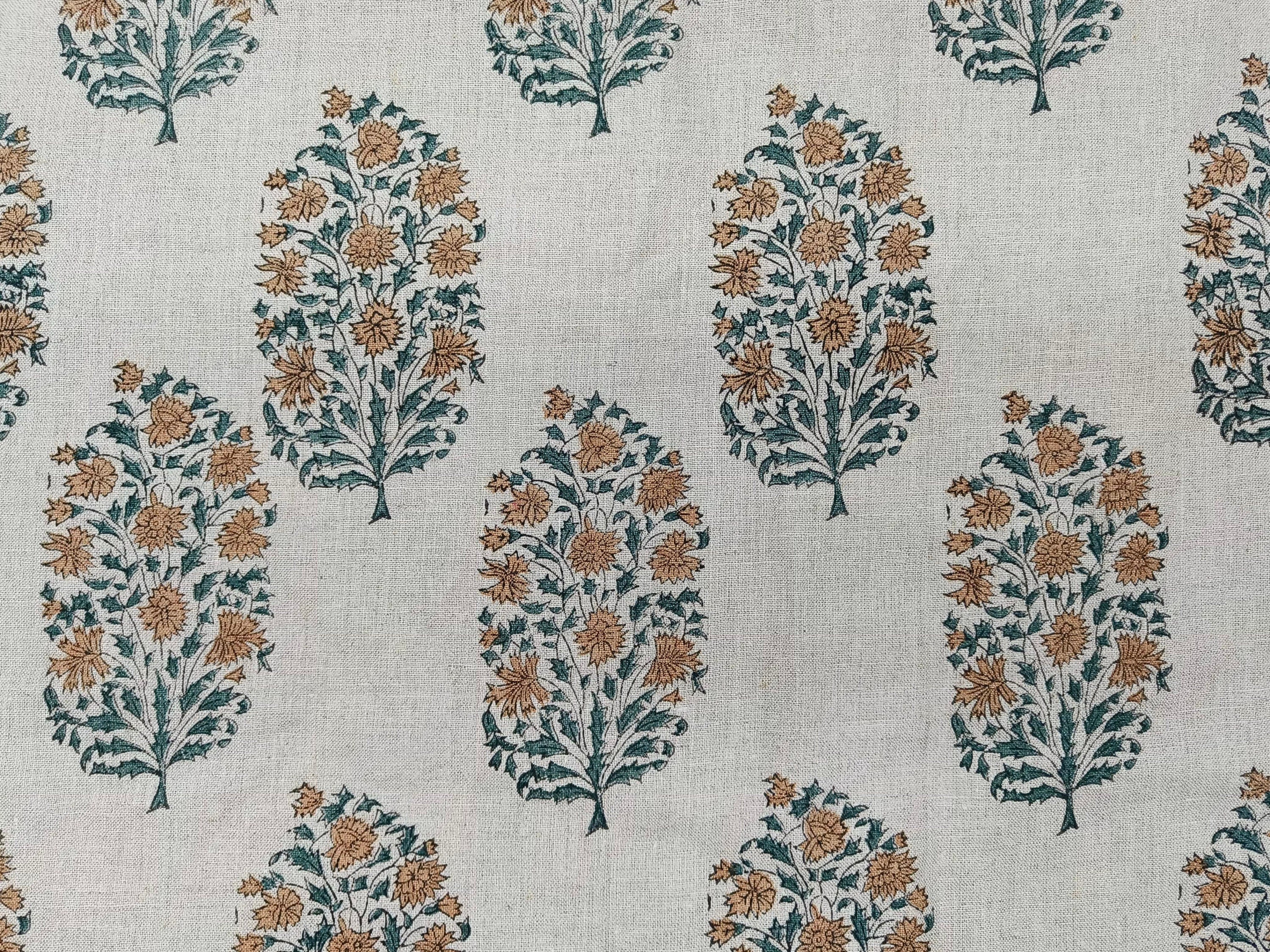 Block Print Linen Fabric, Virat  Brown Gray Floral Block Print Linen Fabric, Cushion Pillow Fabric, Upholstery Home Decor Boho Fabric, Hand Block
