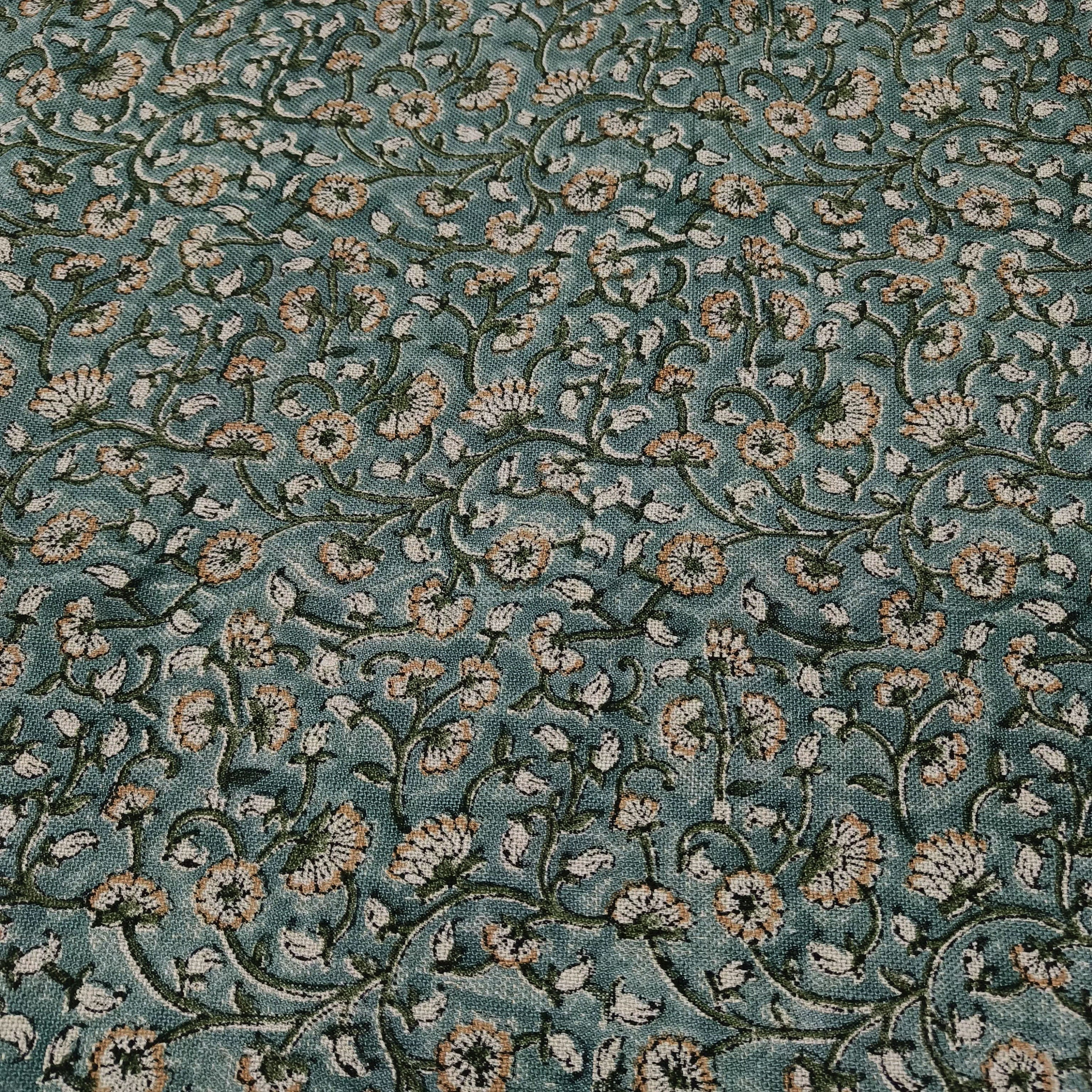 Himachal Dark  Floral Block Print Linen Fabric, Also Cotton By The Yard Fabric, Cushion Pillow Upholstery Fabric, Home Decor