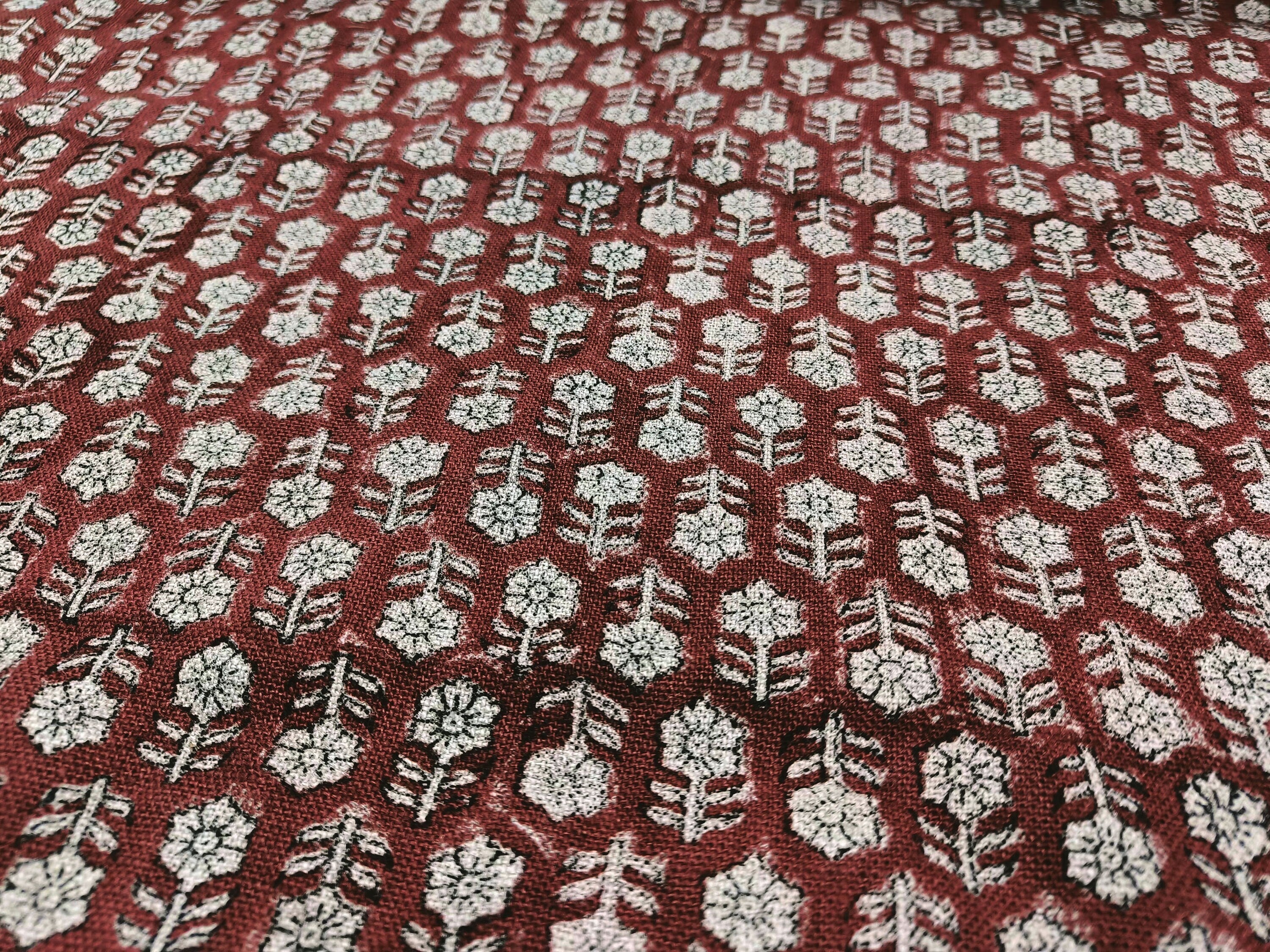 Block Print Linen Fabric, Tulsi Booti Reddish Brown Floral Block Print Linen Fabric, Fabric By The Yard, Pillow Cushion Upholster Home Decor Fabric