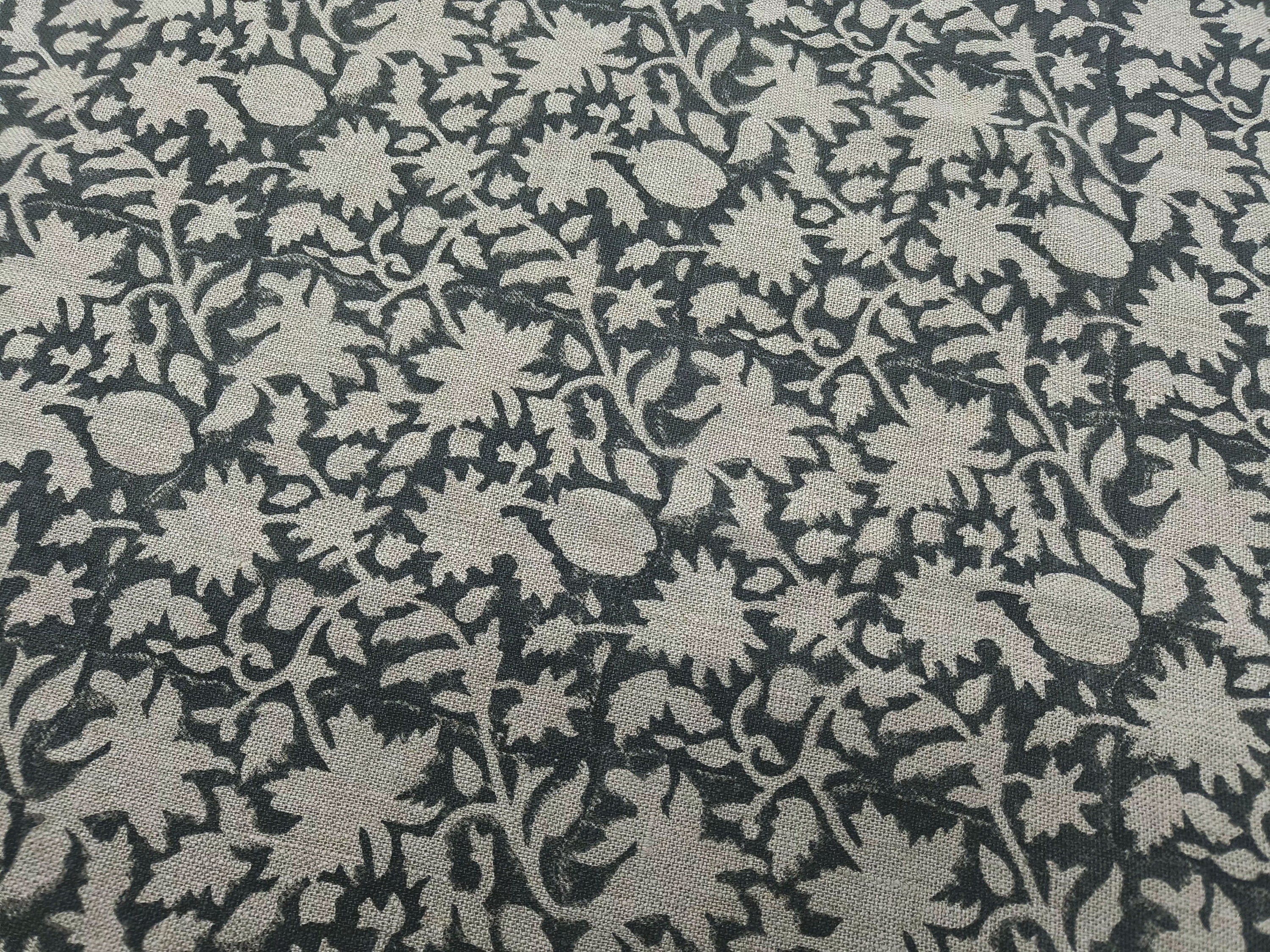 Block Print Linen Fabric, Manikarnika  Dark Rock Garden Green Floral Block Print Linen Fabric, Cushion Pillow Upholstery Fabric, Home Decor