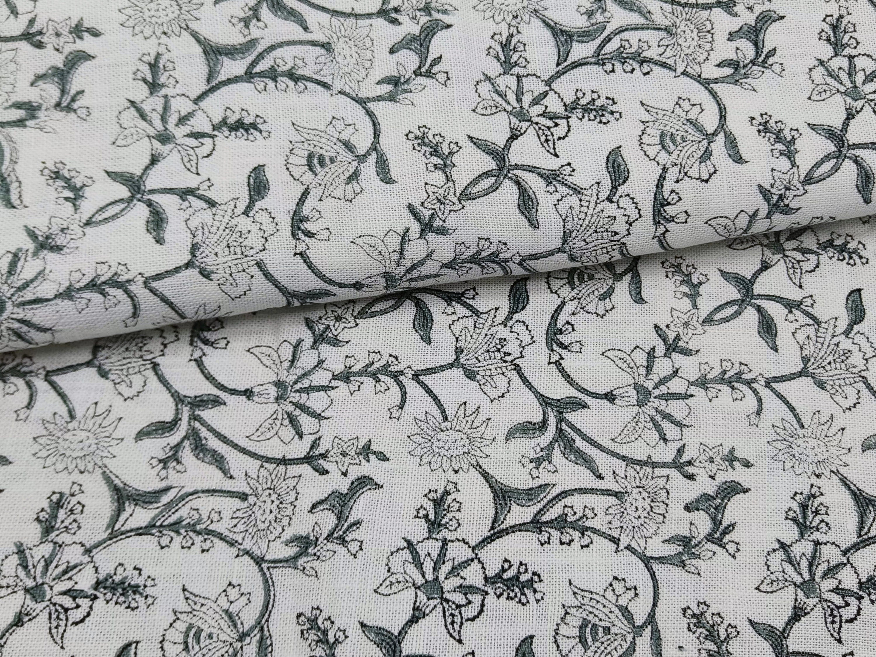 Jal Dhara  Gray Black Block Print Linen Fabric, Floral Print Fabric, Block Print Fabric By The Yard, Indian Linen Handloom
