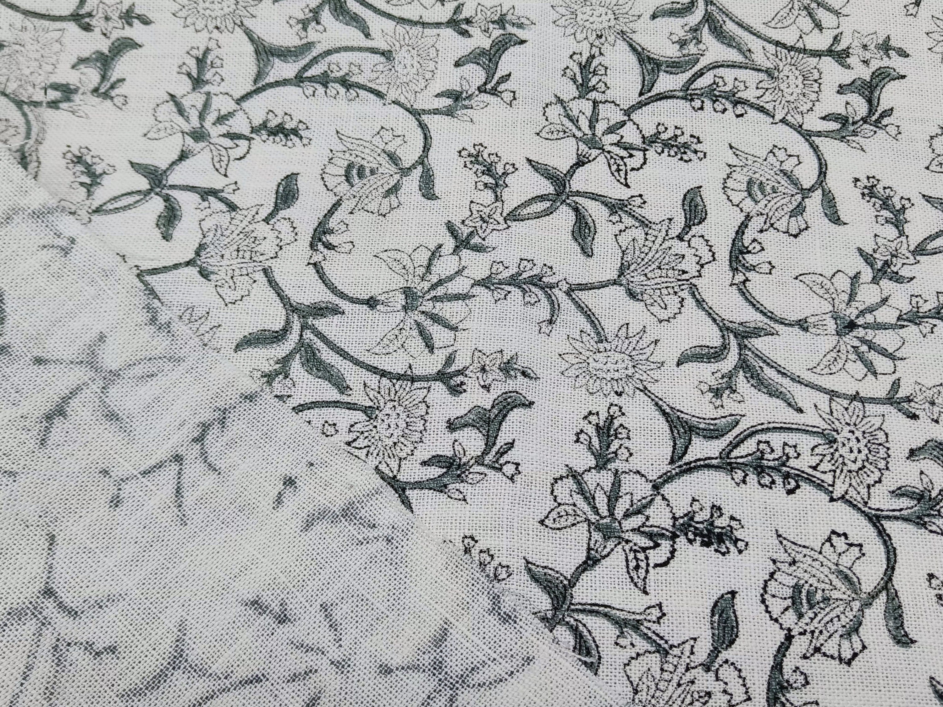 Jal Dhara  Gray Black Block Print Linen Fabric, Floral Print Fabric, Block Print Fabric By The Yard, Indian Linen Handloom