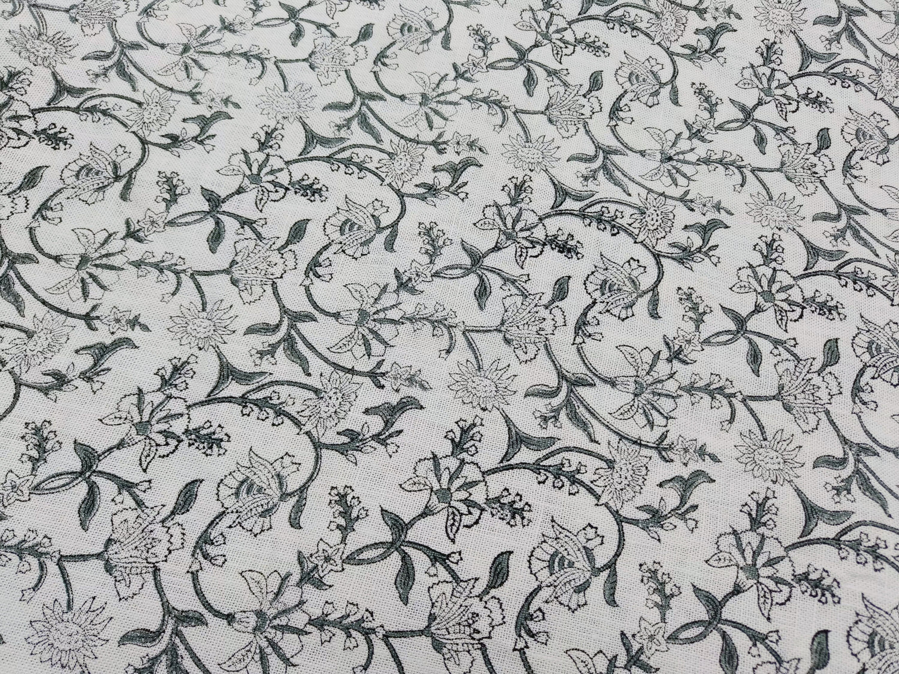 Jal Dhara  Gray Black Block Print Linen Fabric, Floral Print Fabric, Block Print Fabric By The Yard, Indian Linen Handloom