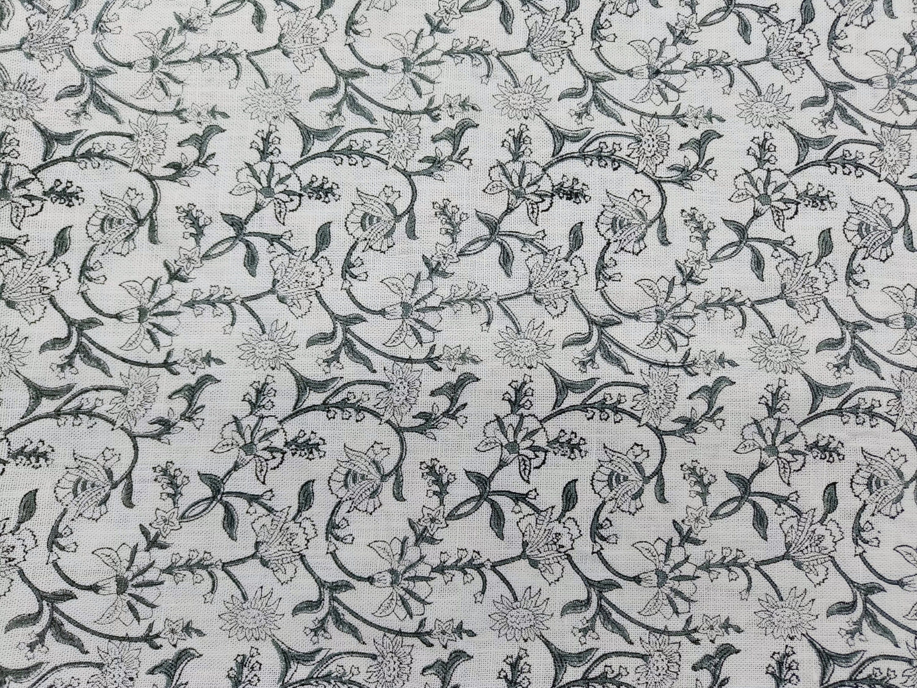 Jal Dhara  Gray Black Block Print Linen Fabric, Floral Print Fabric, Block Print Fabric By The Yard, Indian Linen Handloom