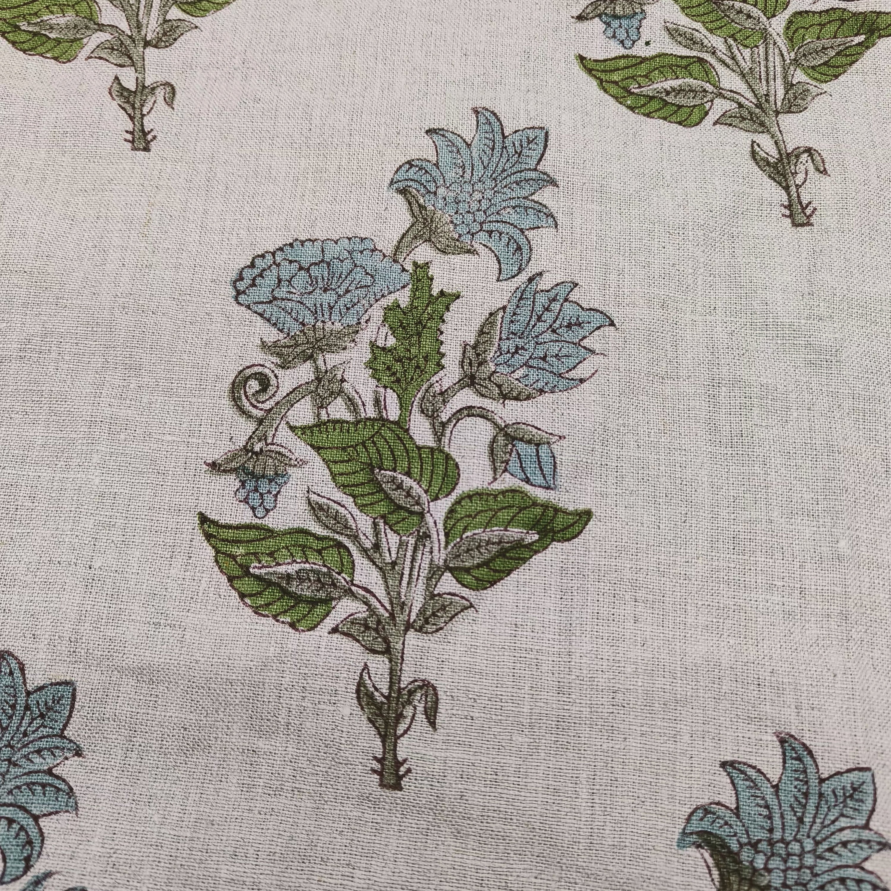 ABHISHEK || Grey Green Large  6" long floral block print linen fabric, Pillow Cushion Upholstery fabric by the yard, Home Decor