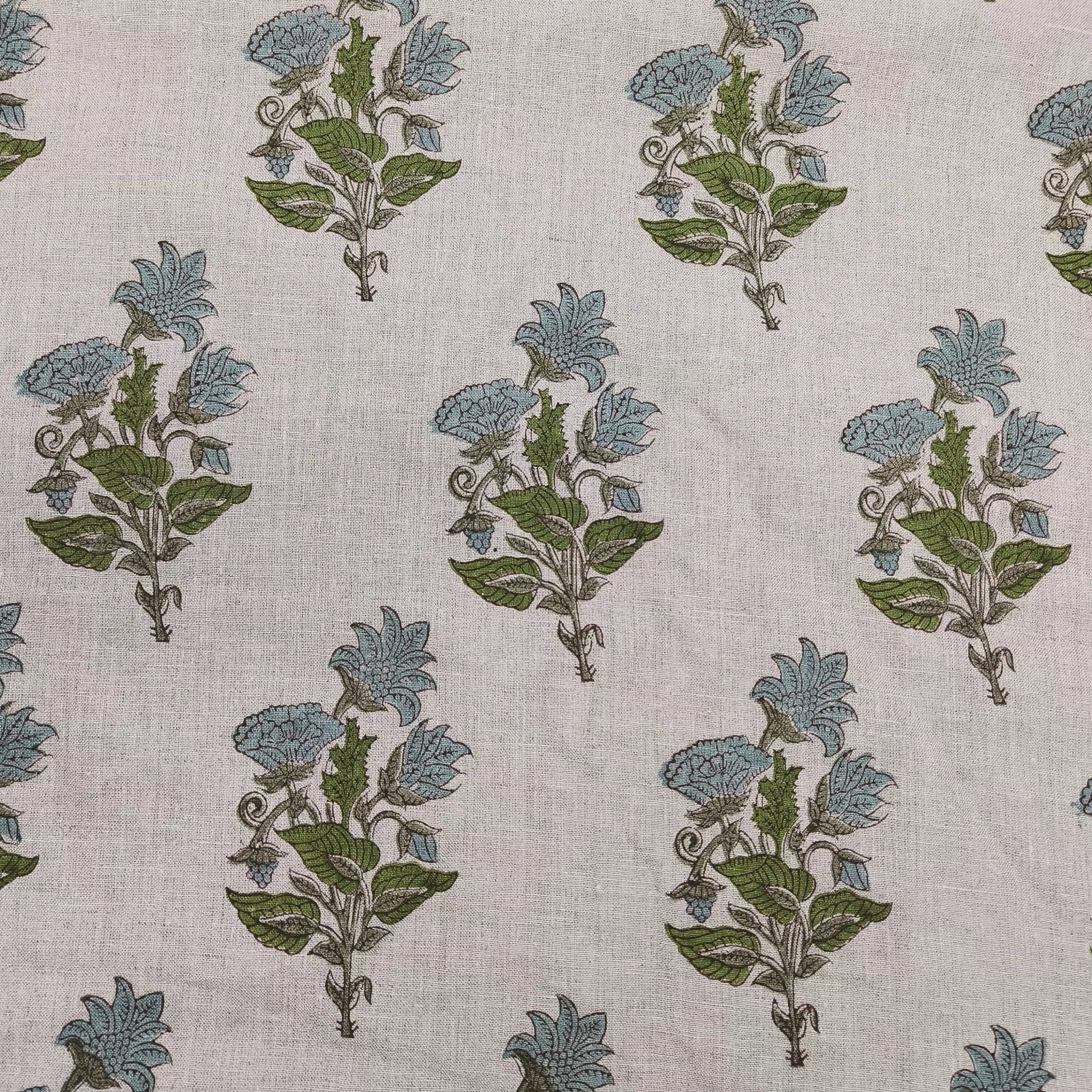 ABHISHEK || Grey Green Large 6" long floral block print linen fabric, Pillow Cushion Upholstery fabric by the yard, Home Decor