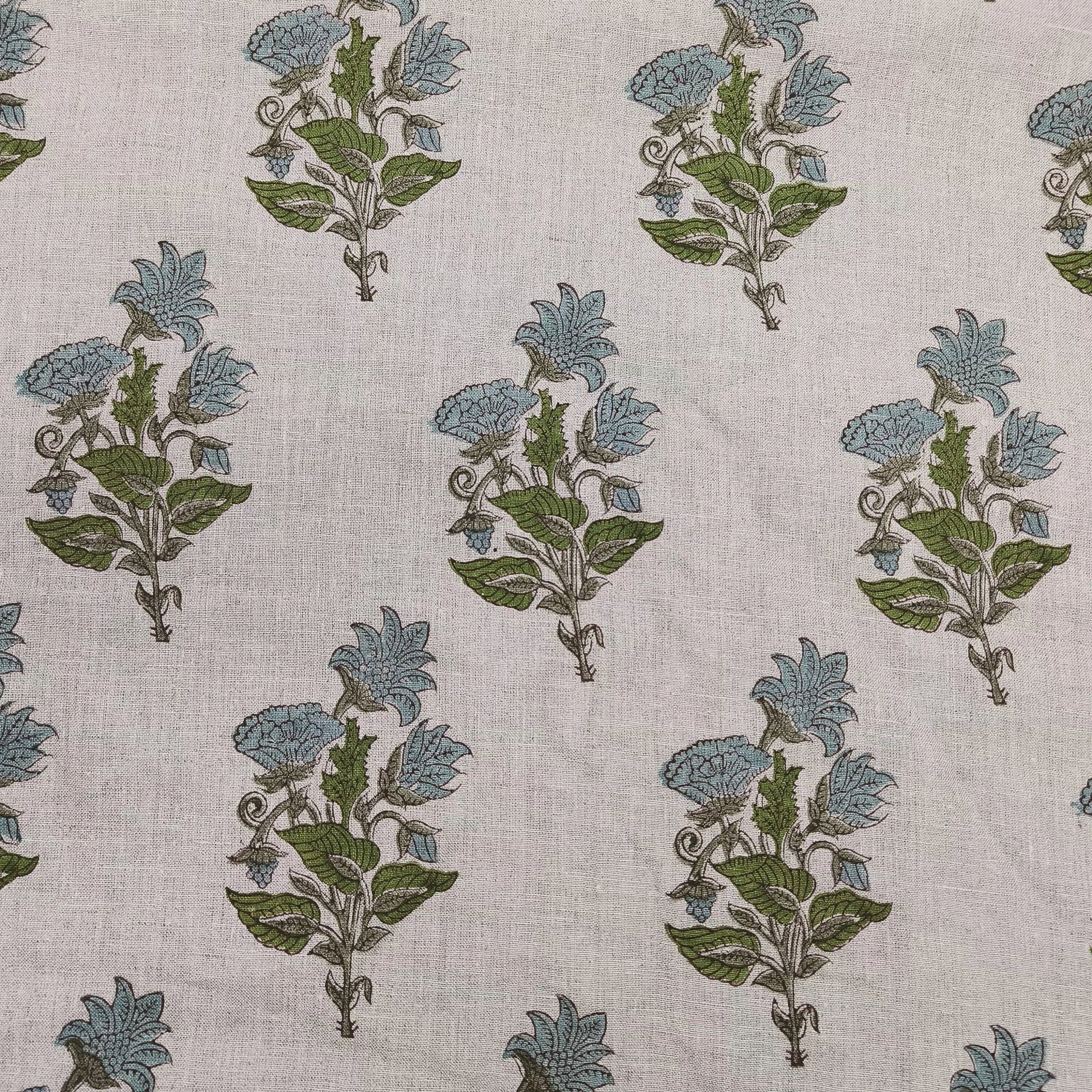 ABHISHEK || Grey Green Large  6" long floral block print linen fabric, Pillow Cushion Upholstery fabric by the yard, Home Decor