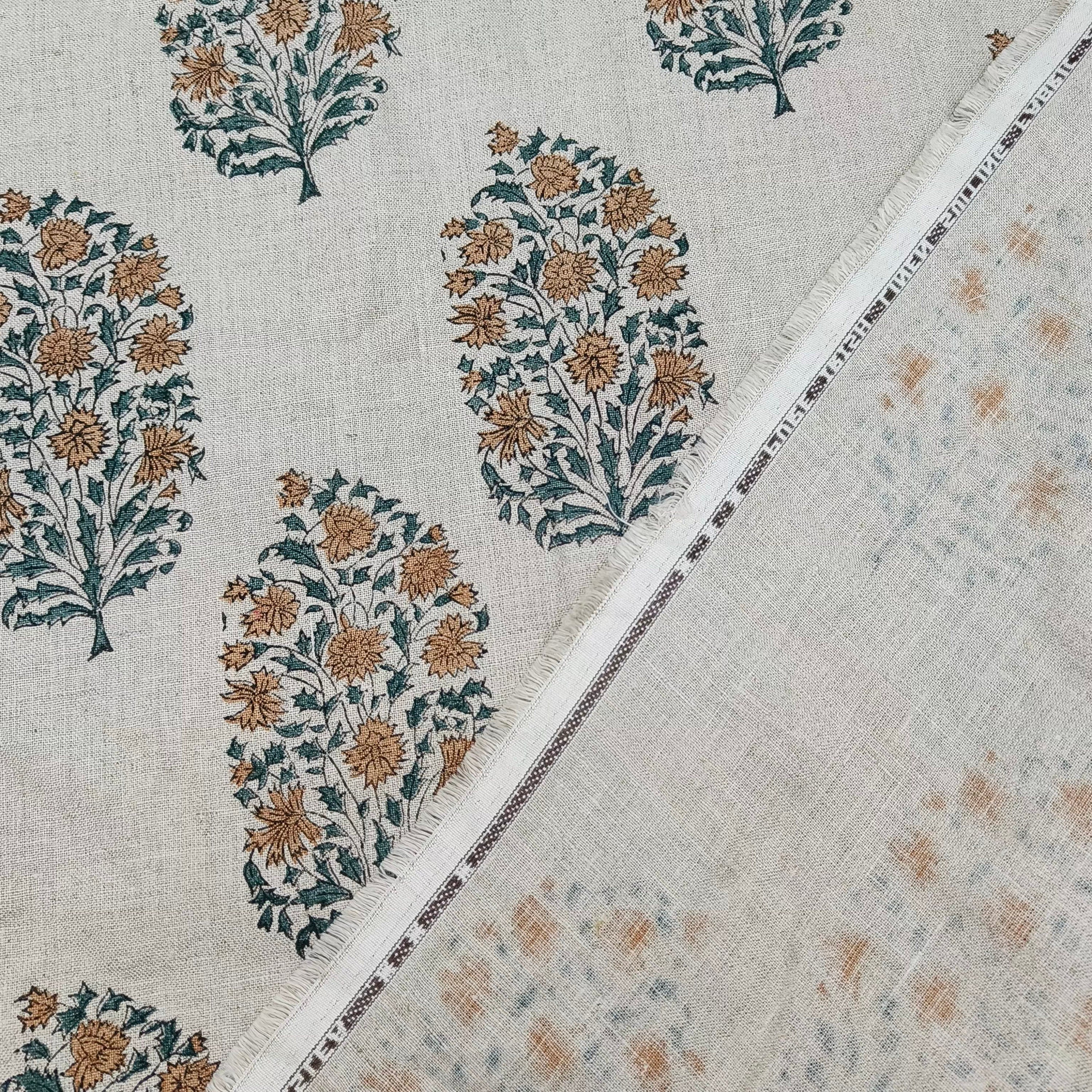 Block Print Linen Fabric, Virat  Brown Gray Floral Block Print Linen Fabric, Cushion Pillow Fabric, Upholstery Home Decor Boho Fabric, Hand Block