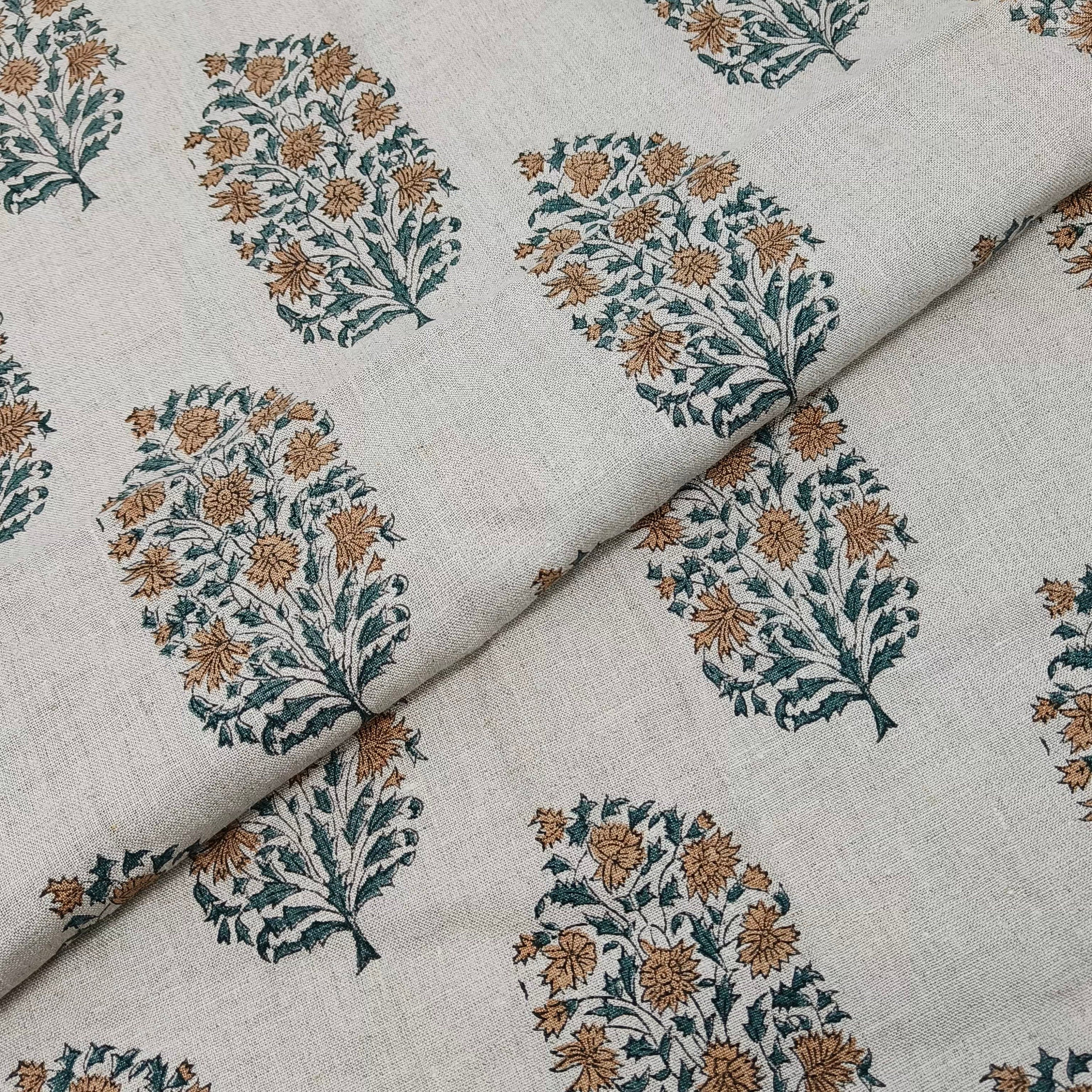 Block Print Linen Fabric, Virat  Brown Gray Floral Block Print Linen Fabric, Cushion Pillow Fabric, Upholstery Home Decor Boho Fabric, Hand Block