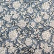 Block Print Linen Fabric, Rameshwaram  White Base Linen For Upholstery, Home Decor Linen, Linen By The Yard, Greyish Blue Colour Design, Home Docor And Gift