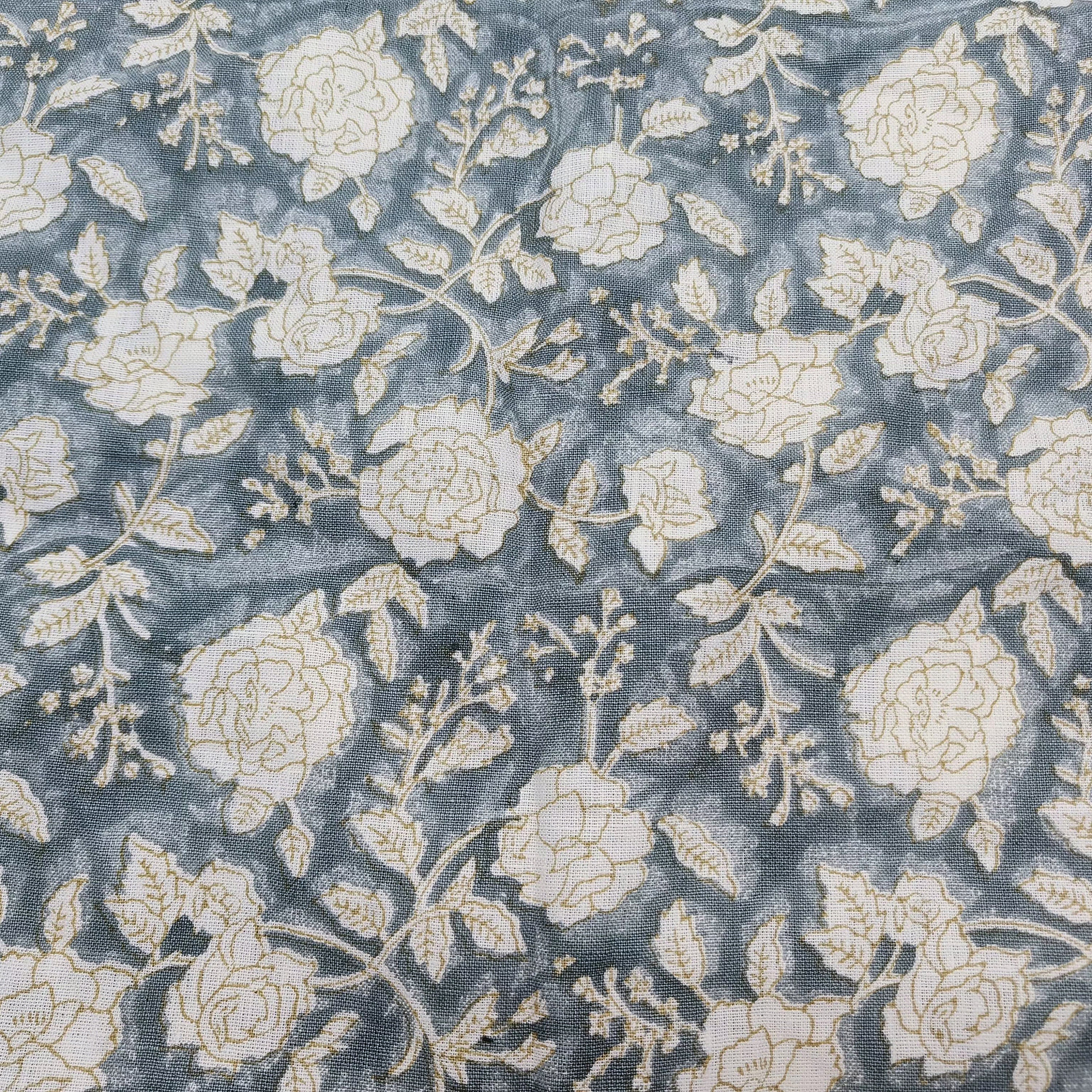 Block Print Linen Fabric, Rameshwaram  White Base Linen For Upholstery, Home Decor Linen, Linen By The Yard, Greyish Blue Colour Design, Home Docor And Gift