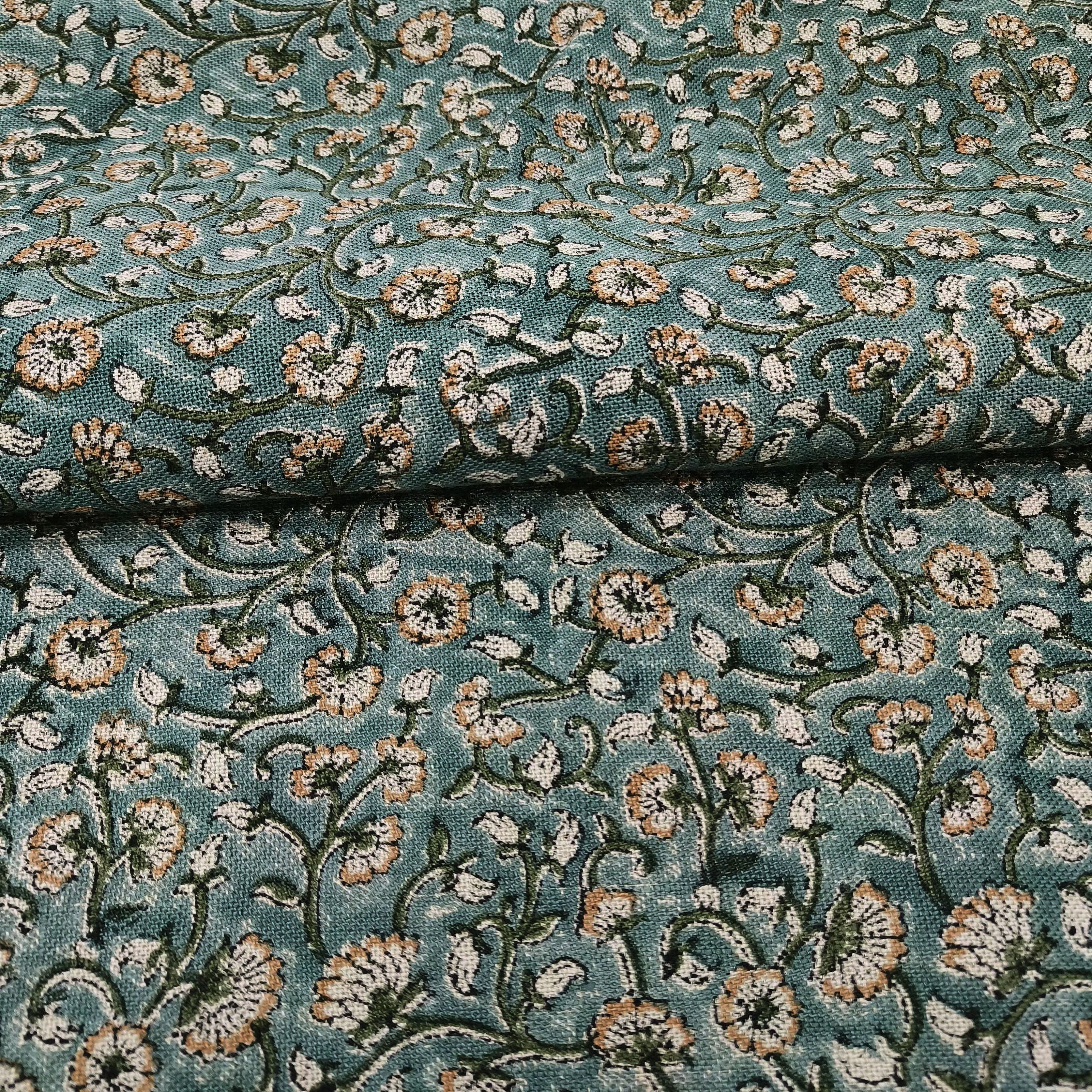 Himachal Dark  Floral Block Print Linen Fabric, Also Cotton By The Yard Fabric, Cushion Pillow Upholstery Fabric, Home Decor