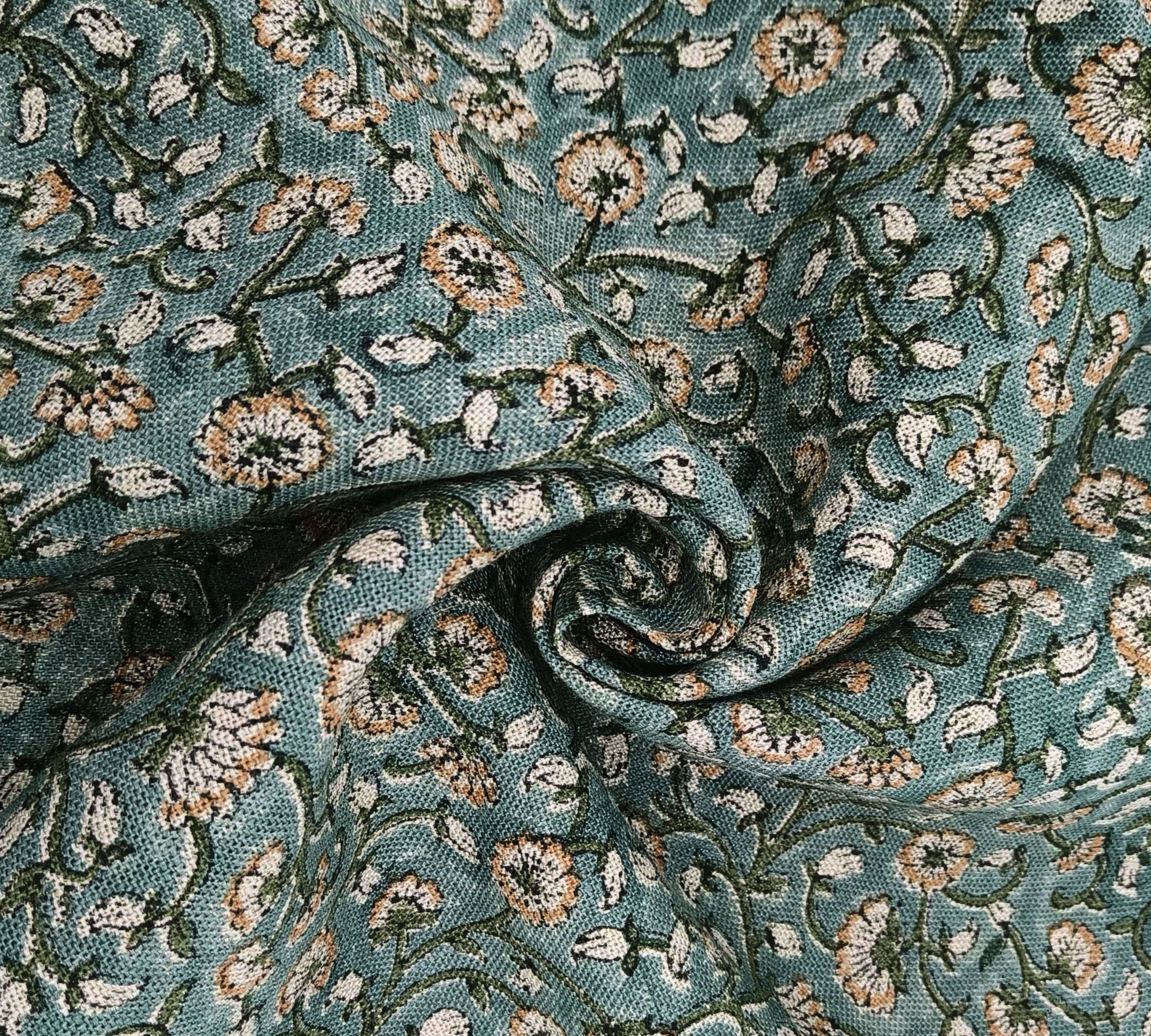 Himachal Dark  Floral Block Print Linen Fabric, Also Cotton By The Yard Fabric, Cushion Pillow Upholstery Fabric, Home Decor
