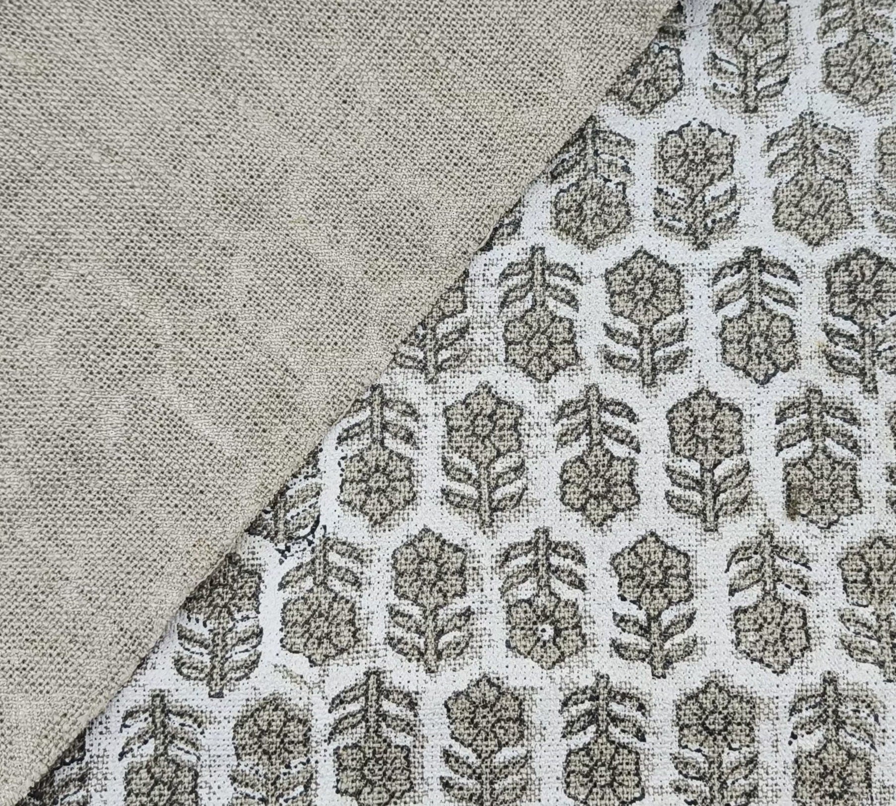 Block Print Linen Fabric, Tulsi Buti  Natural Linen  Block Print Indian Fabric By The Yard  Width 58"  Hand Block Upholstery, Block Print Pillow Cases