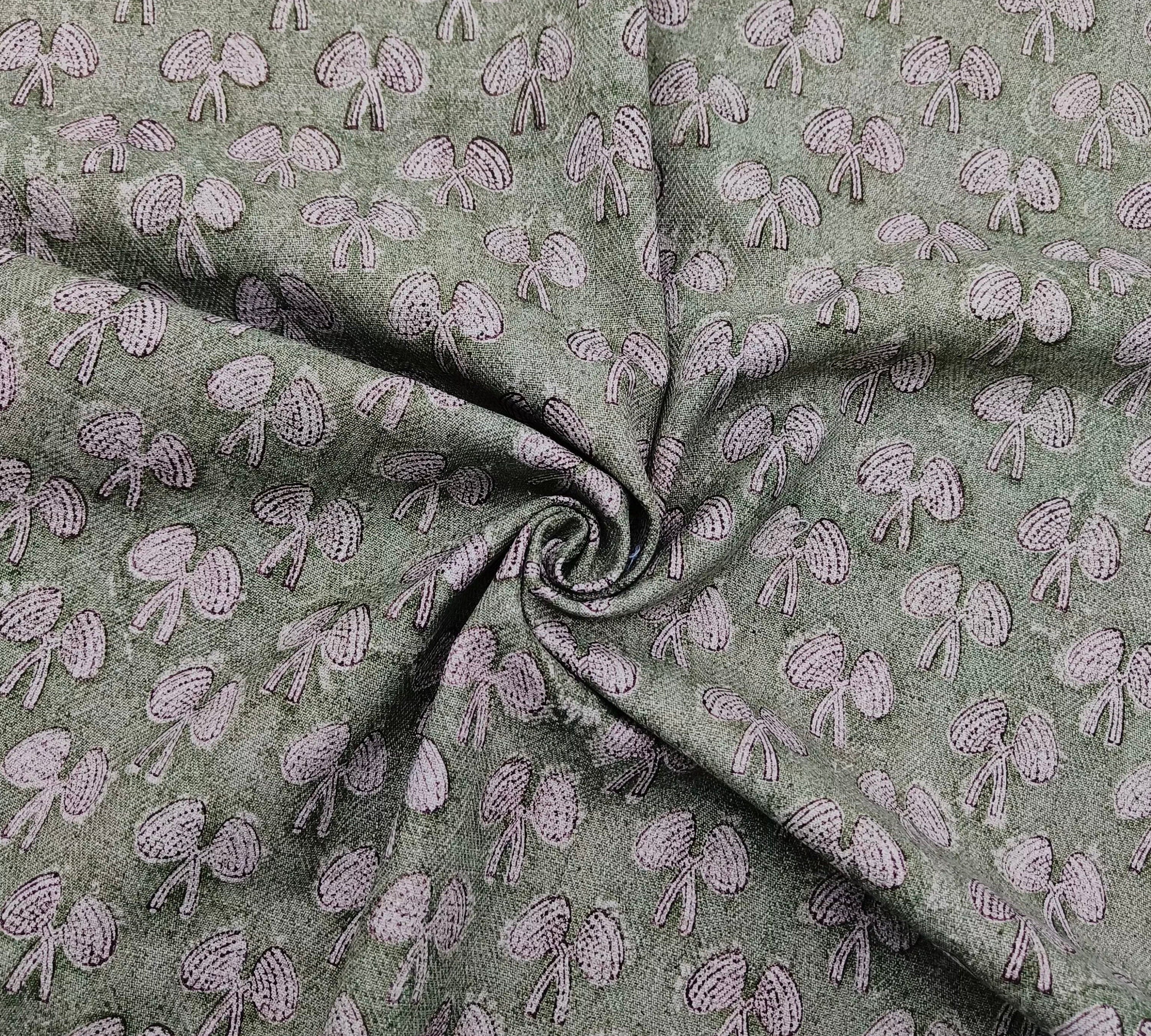 Block Print Linen Fabric, Mushroom Light Green Floral Block Print Linen Fabric, Sewing Pillow Making, Upholstery Cotton And Linen, Home Decor