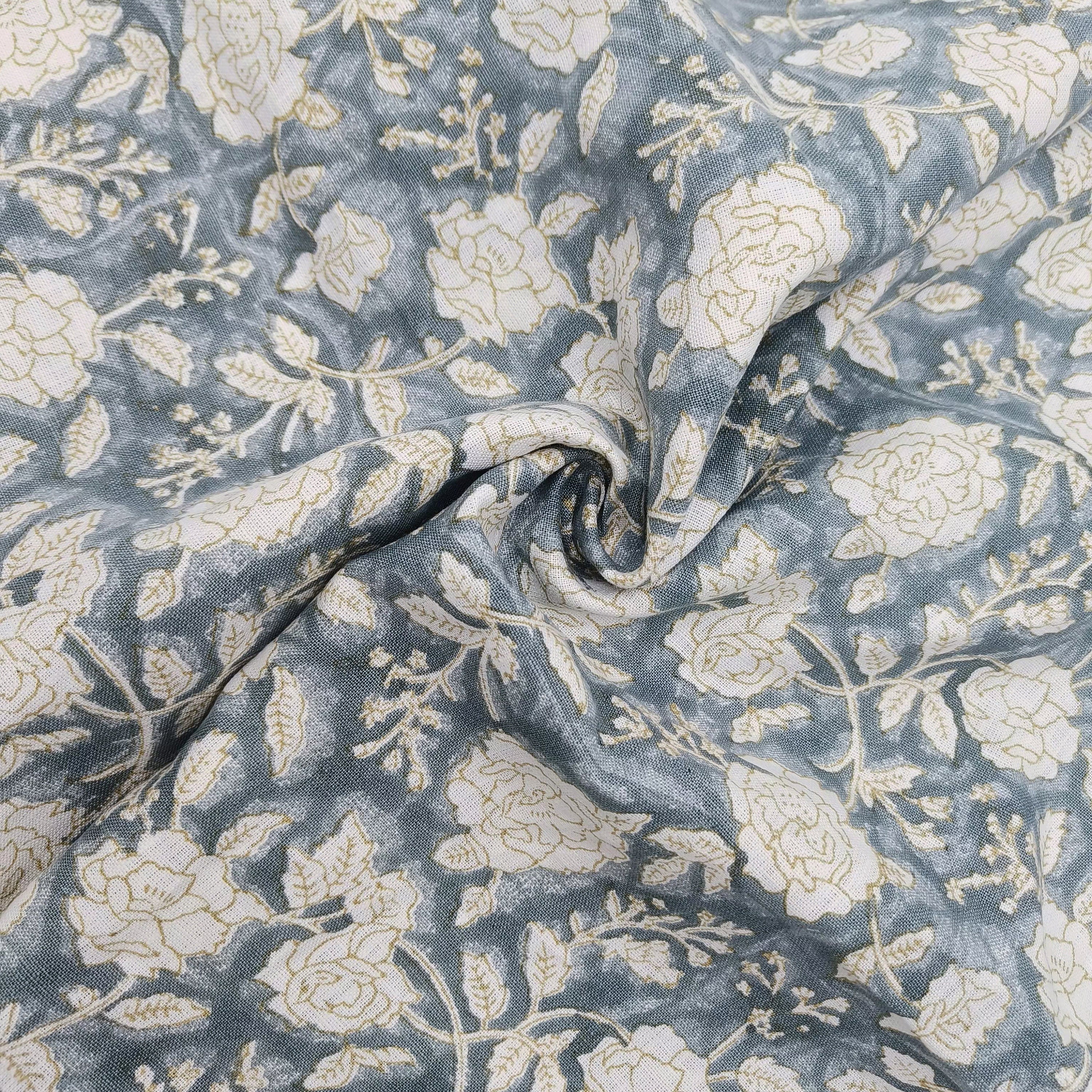 Block Print Linen Fabric, Rameshwaram  White Base Linen For Upholstery, Home Decor Linen, Linen By The Yard, Greyish Blue Colour Design, Home Docor And Gift