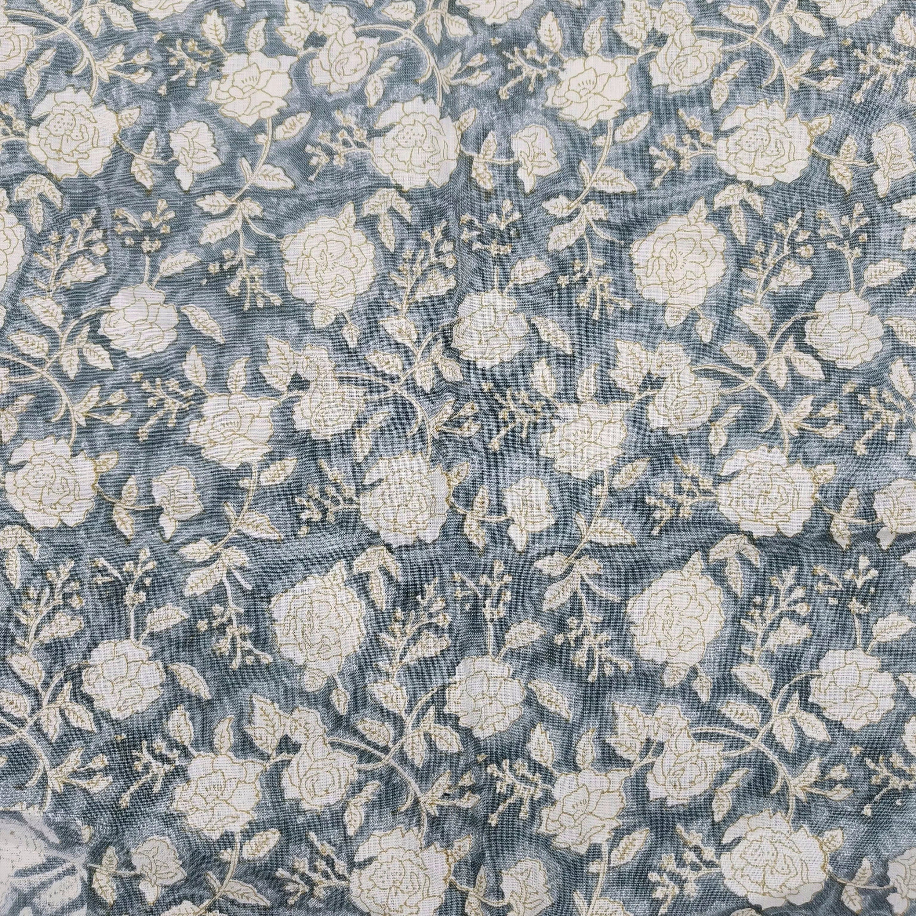 Block Print Linen Fabric, Rameshwaram  White Base Linen For Upholstery, Home Decor Linen, Linen By The Yard, Greyish Blue Colour Design, Home Docor And Gift