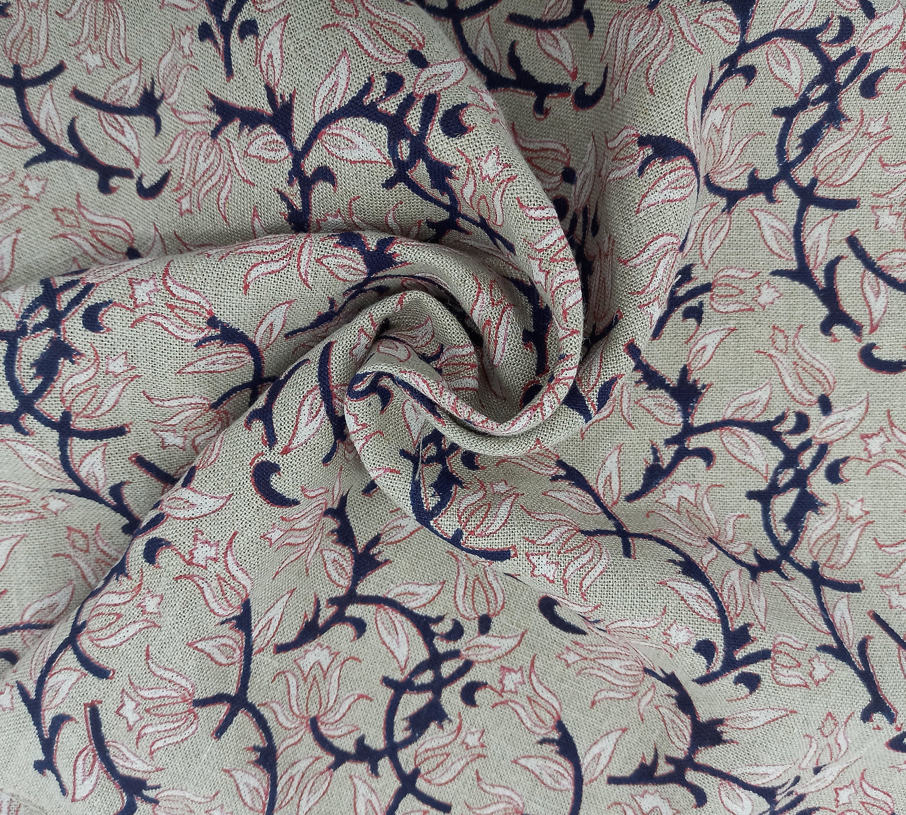 Block print Thick linen fabric, hand stamped, floral pattern, linen textile, Organic Linen, Hand Made Print- Kamal Dutta