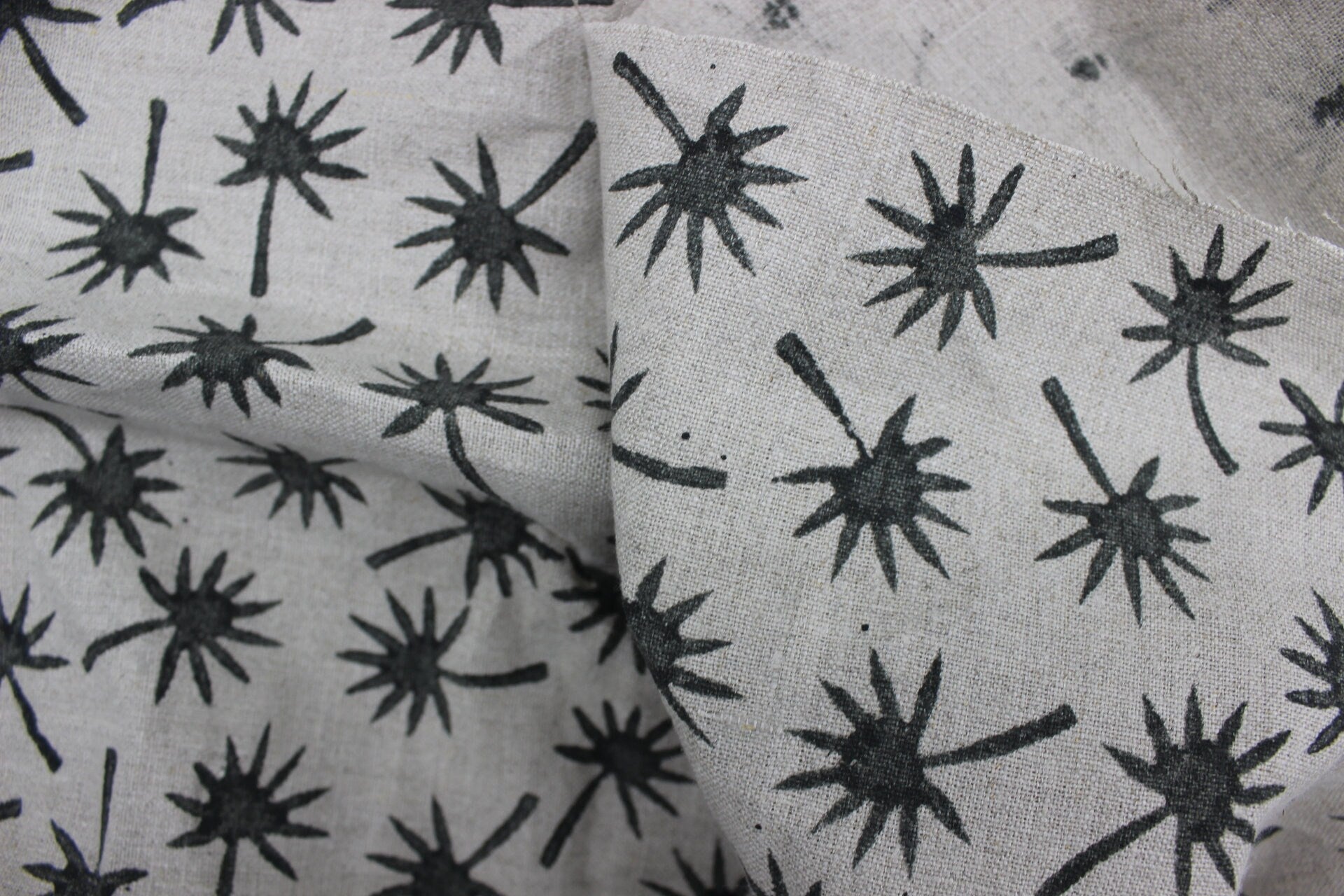 Pure Linen Fabric, Hand Block Print, Modern fabric, hand stamped, Organic Linen, Indian Fabric, home Decor -Coconut black