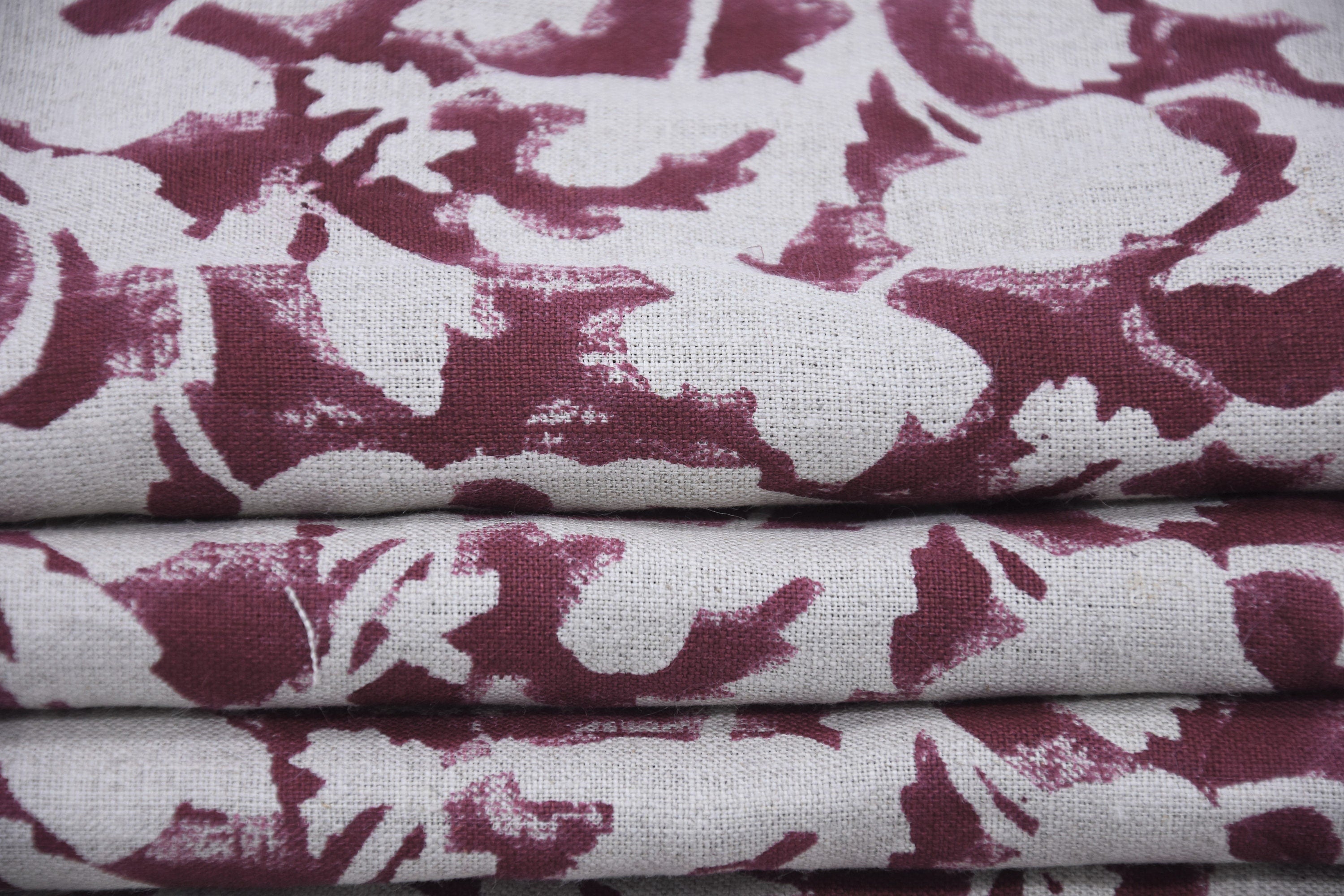Block print Thick linen fabric, hand stamped, floral pattern, linen textile, Organic Linen, Hand Made Print- Sulit Red