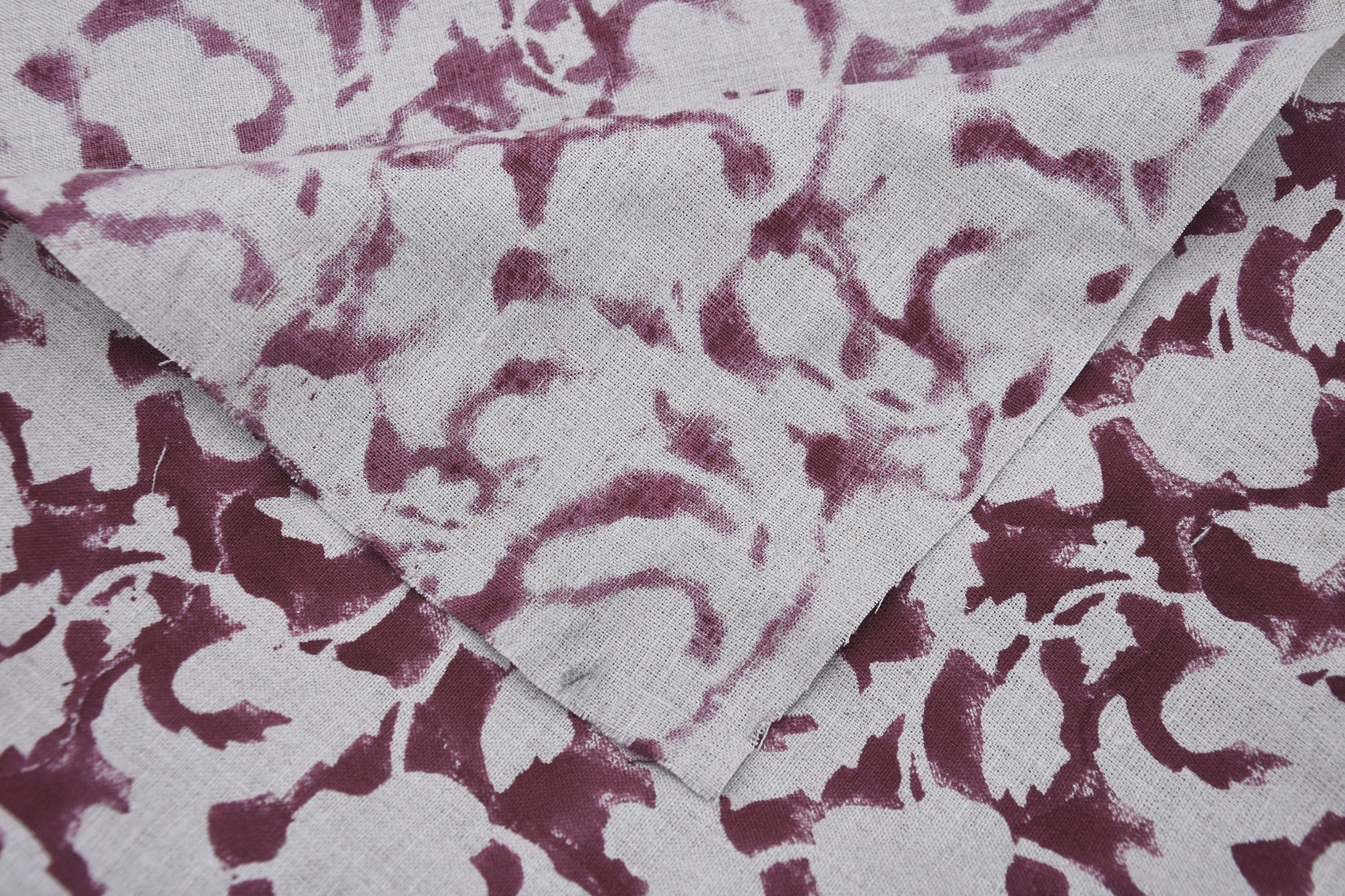 Block print Thick linen fabric, hand stamped, floral pattern, linen textile, Organic Linen, Hand Made Print- Sulit Red