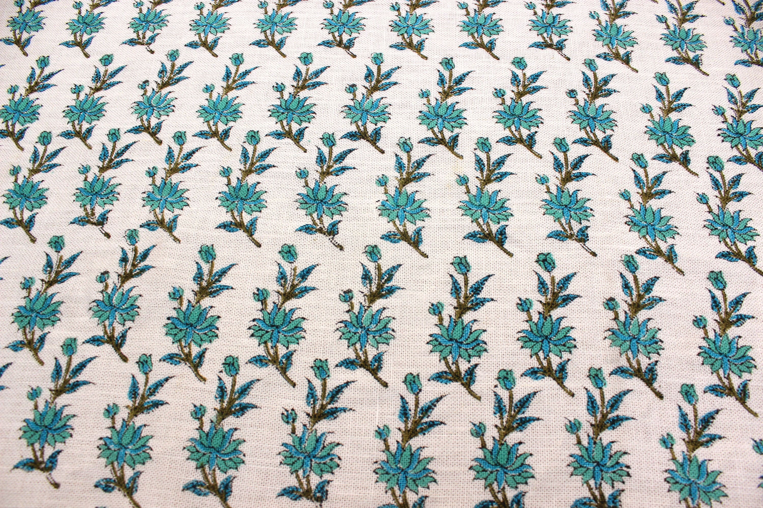 Block Print off white Linen 58" Wide, Genuine Fabric, Curtain Cover, Floral, Indian Cushion Cover - Deepika