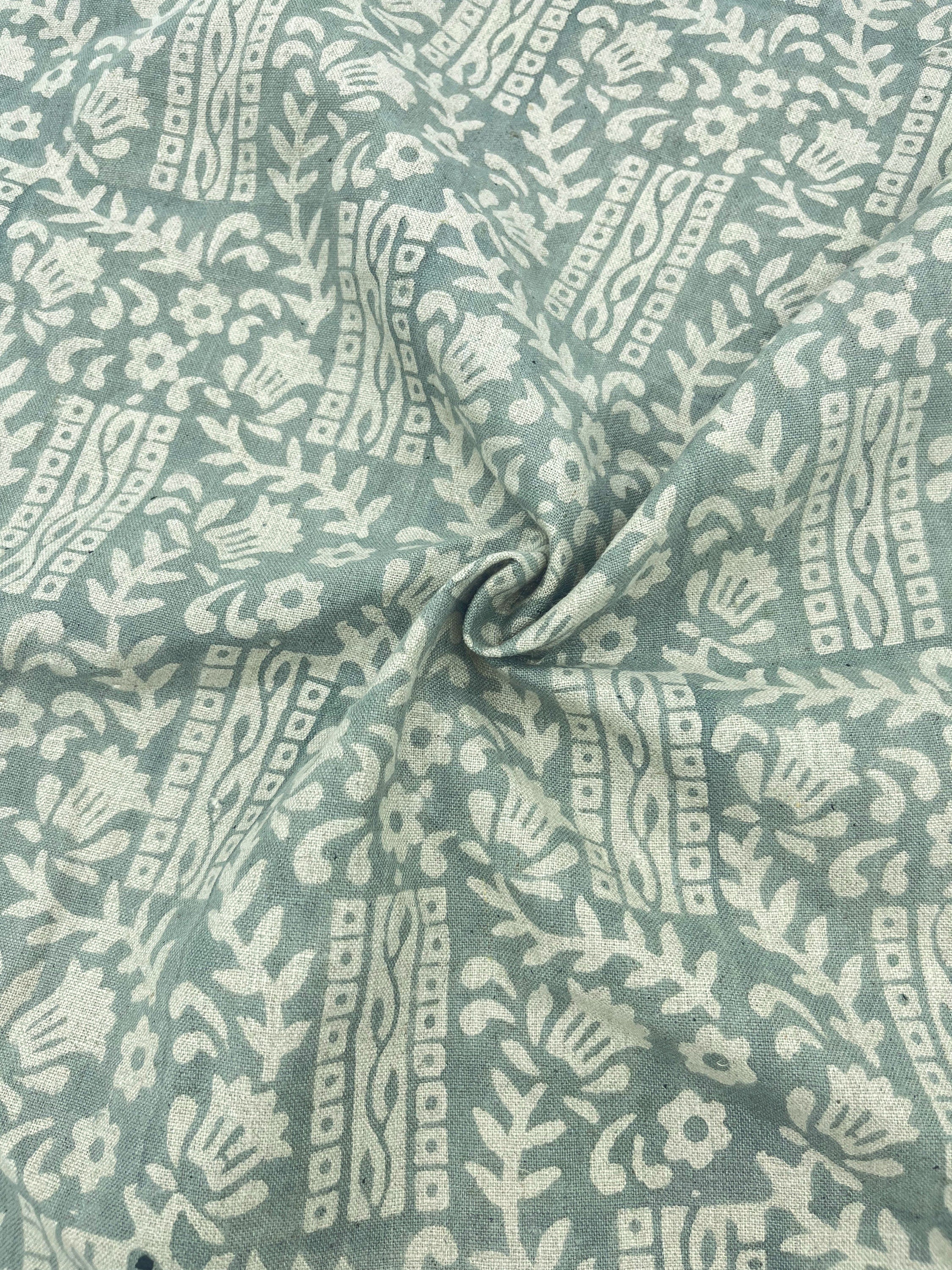 Block print pure linen fabric 58" wide, handloom linen, Indian floral fabric, pillow, sewing, upholstery fabric - Mumtaj greyish green