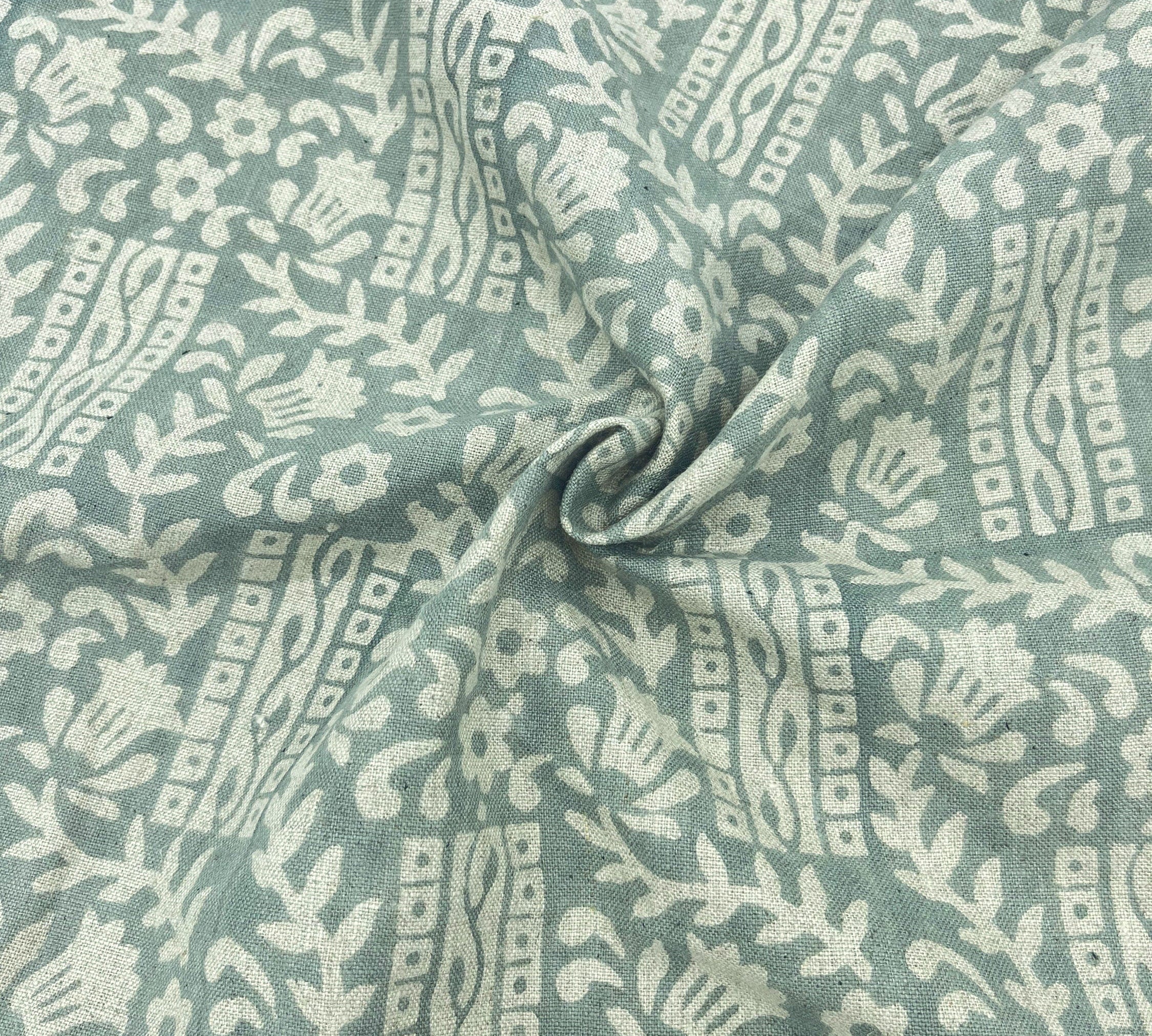 Block print pure linen fabric 58" wide, handloom linen, Indian floral fabric, pillow, sewing, upholstery fabric - Mumtaj greyish green