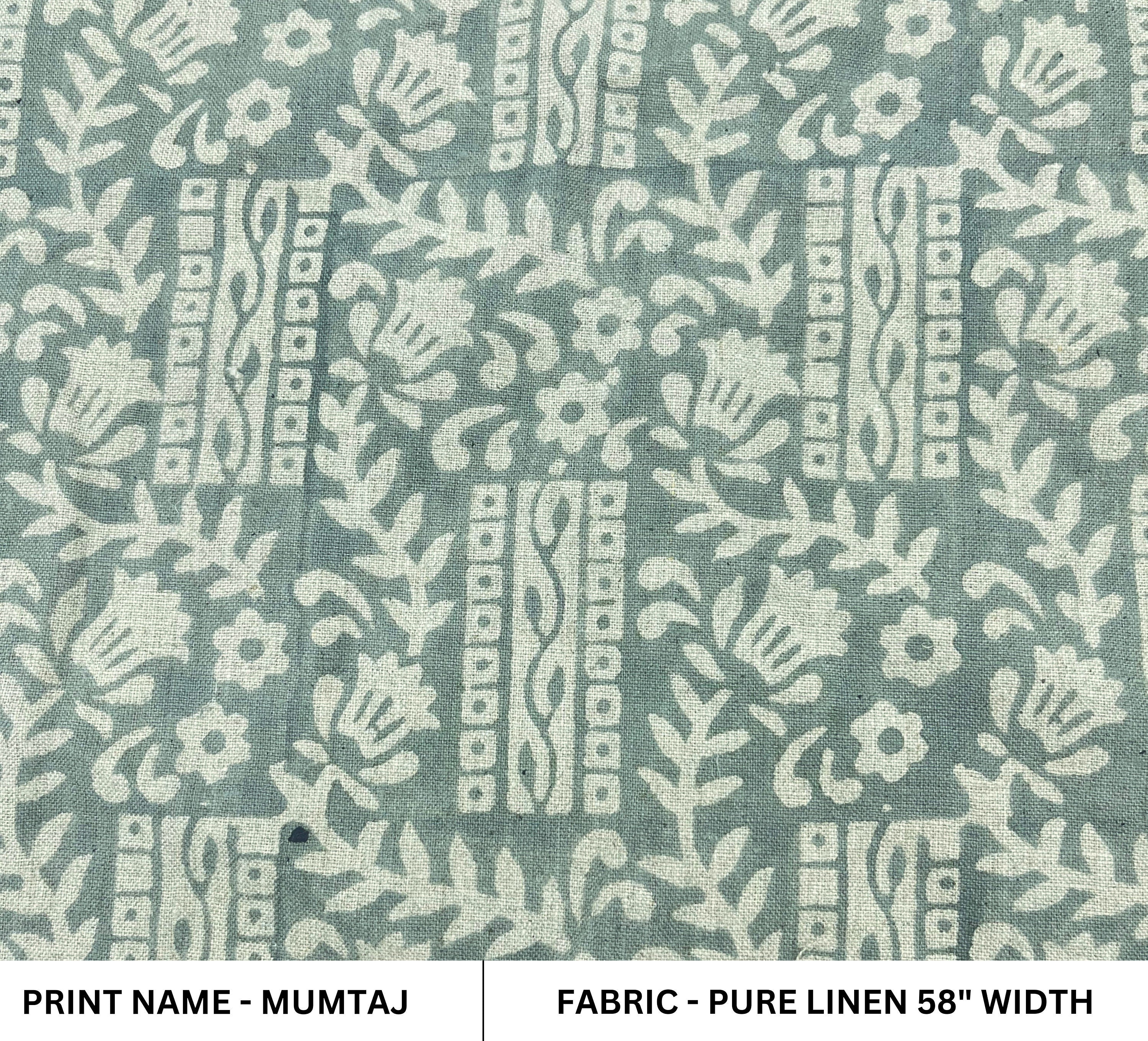 Block print pure linen fabric 58" wide, handloom linen, Indian floral fabric, pillow, sewing, upholstery fabric - Mumtaj greyish green