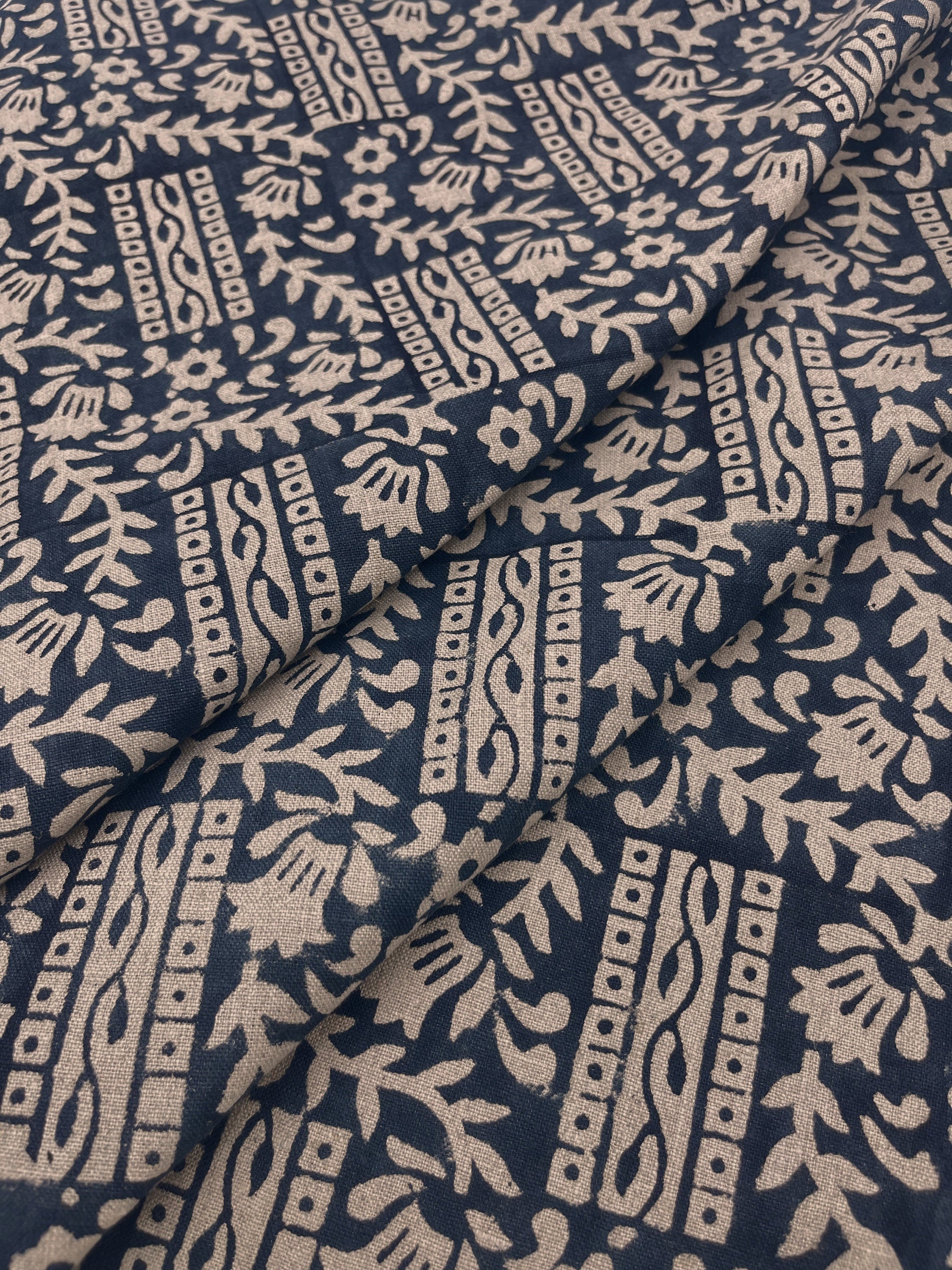 Pure Linen 58" wide, Hand Block Print, luxury Linen fabric, upholstery indian fabric, handloom cushion  - Mumtaj Blue
