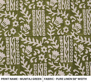 Block Print Pure Linen 58" Wide, luxury fabric Linen, Indian home decor, floral pattern, Organic Linen - Mumtaj, green