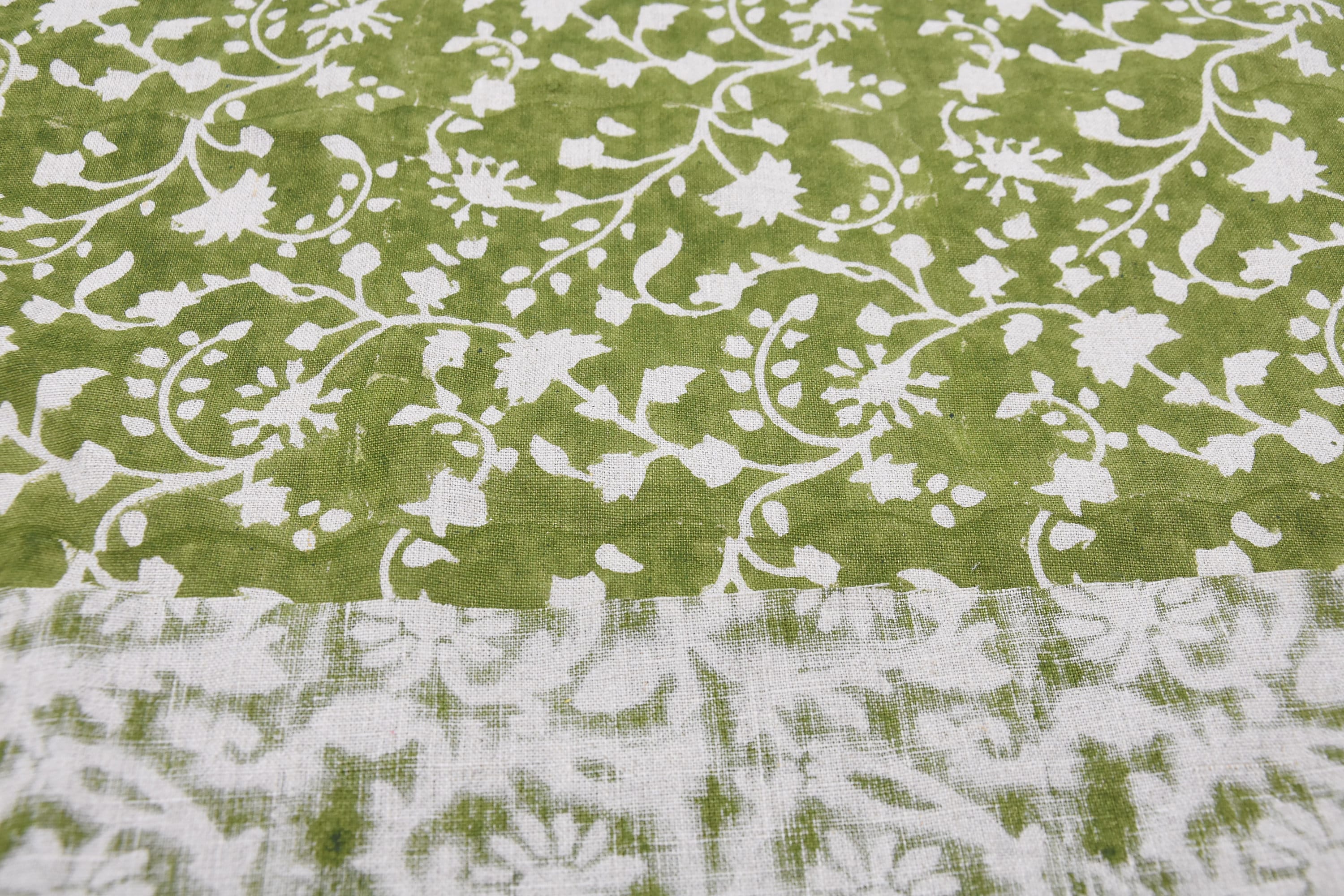 Block Print Pure Linen 58" Wide, Handloom Indian fabric , floral pillow print, upholstery, linen by yard - Firoza Green