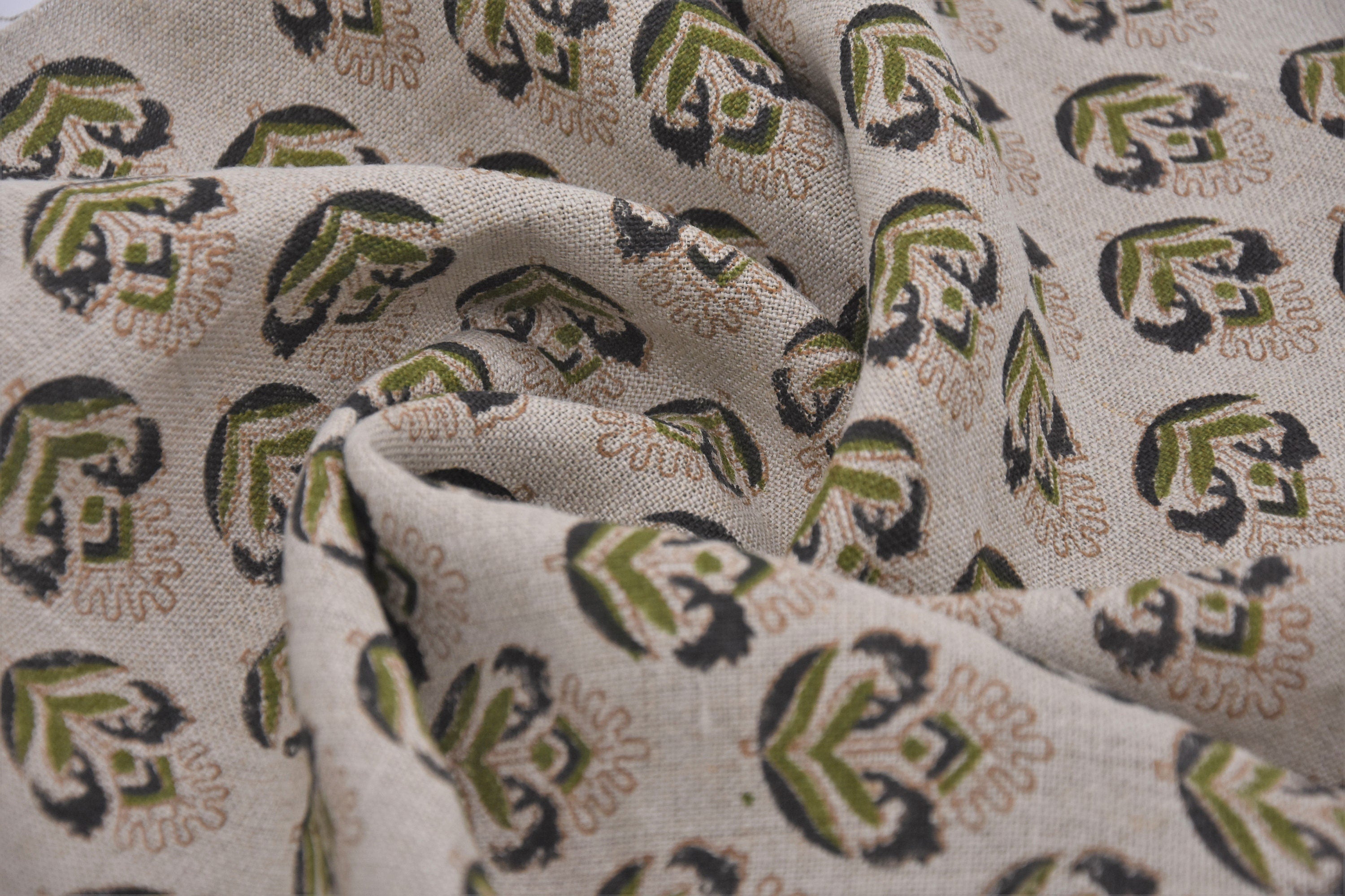 Block Print Handloom Thick Linen 58" Wide Fabric, Upholstery Fabric, Pillow Cover, Natural Colour, Home Decor - Crown