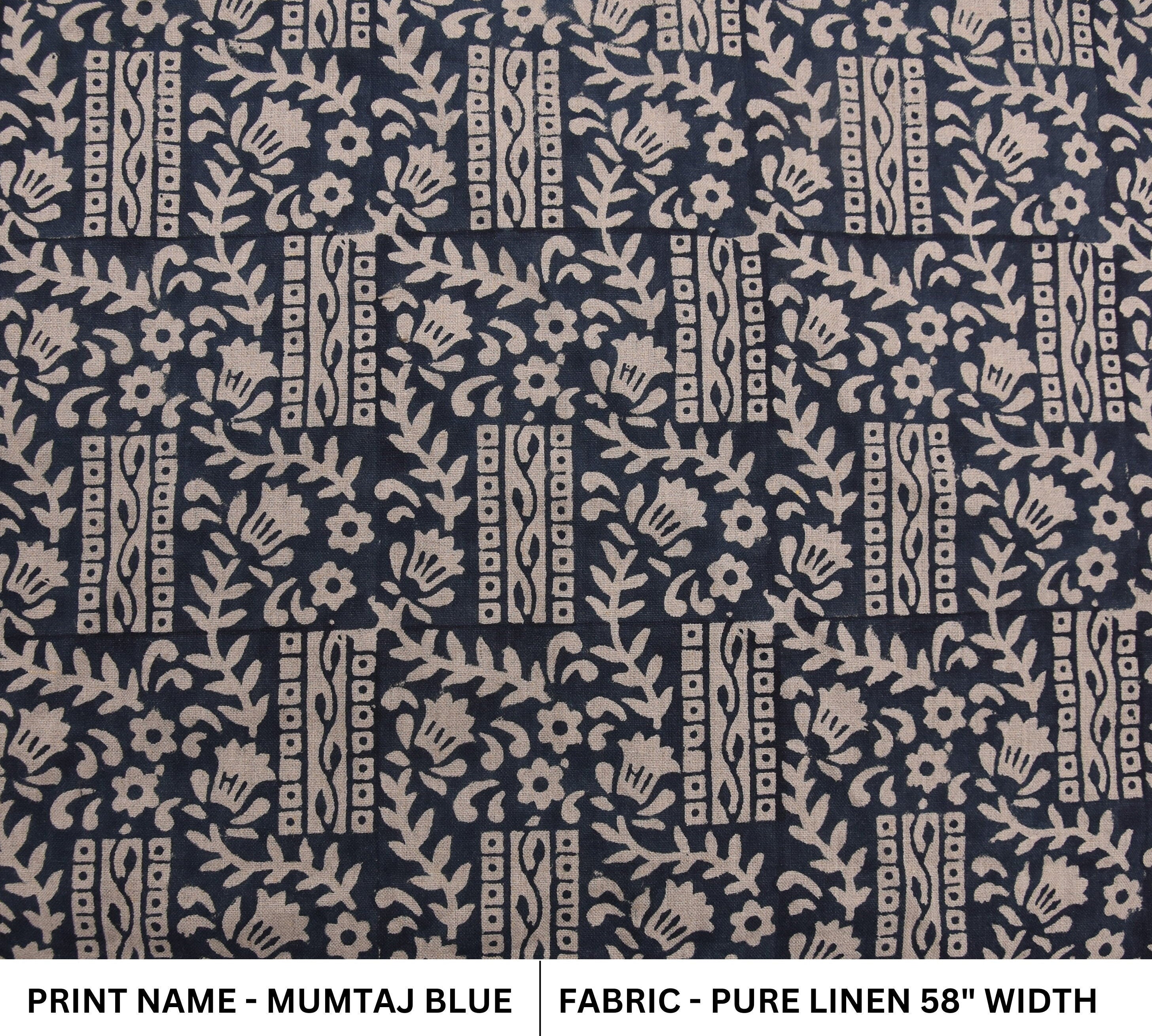 Pure Linen 58" wide, Hand Block Print, luxury Linen fabric, upholstery indian fabric, handloom cushion  - Mumtaj Blue