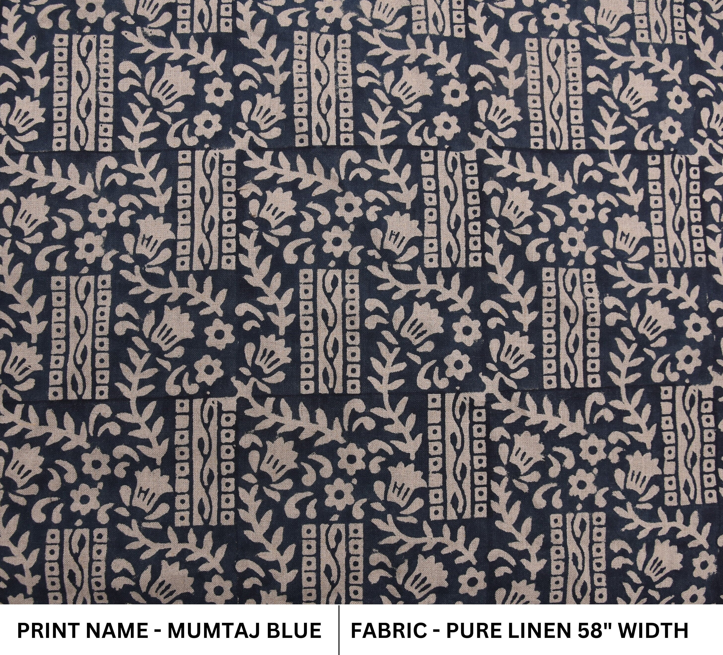 Pure Linen 58" wide, Hand Block Print, luxury Linen fabric, upholstery indian fabric, handloom cushion  - Mumtaj Blue