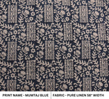 Hand Crafted Block Printed Dark Blue and Beige Floral Throw Boho Pure Linen Fabric - MUMTAJ