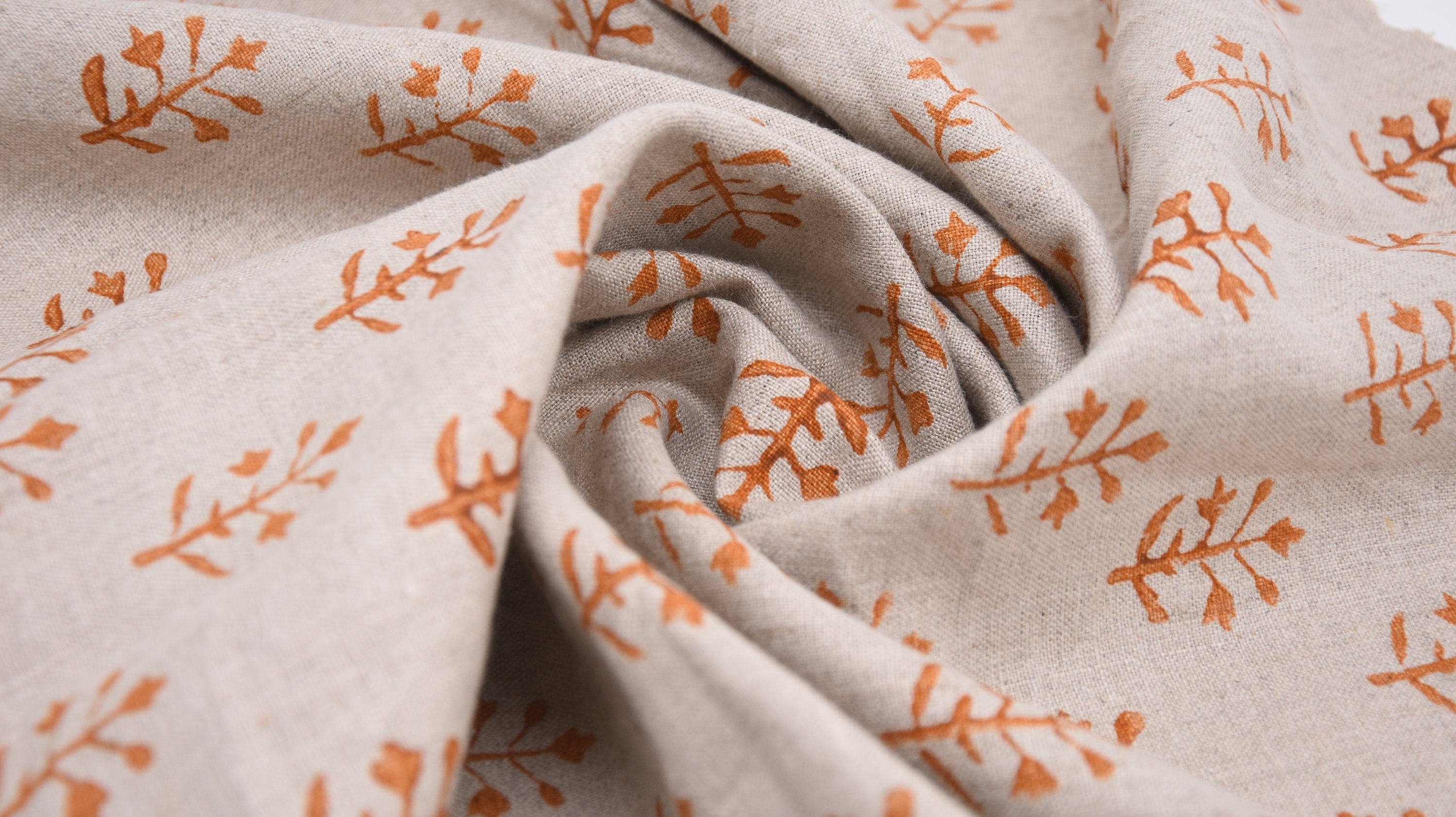 Block Print Pure Linen 58" Wide, Indian Upholstery Fabric, pillow cover fabric, Curtain Linen By The Yard - Tula Orange