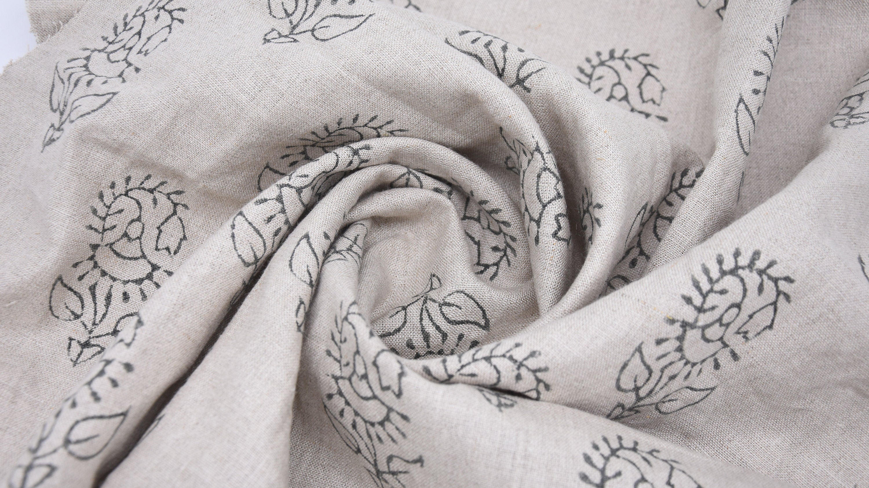 Block Print Pure Linen 58" Wide, Upholstery Indian fabric, Curtain Linen By The Yard, pillow cover - Zuri Black