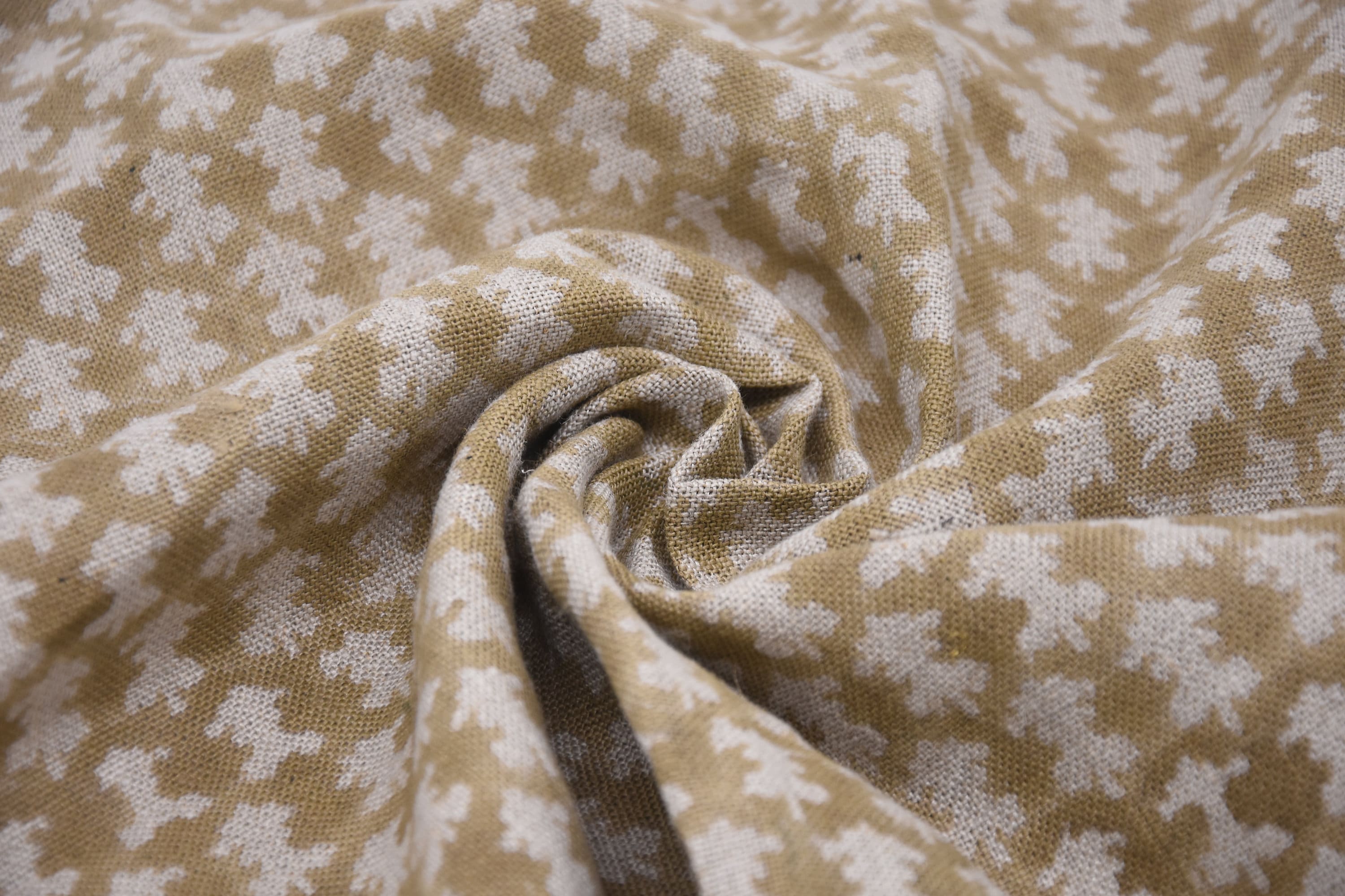 Thick Linen 58" Wide, Block Print fabric, by the yard, Indian print, handloom pillow curtains upholstery - Traz Mustard