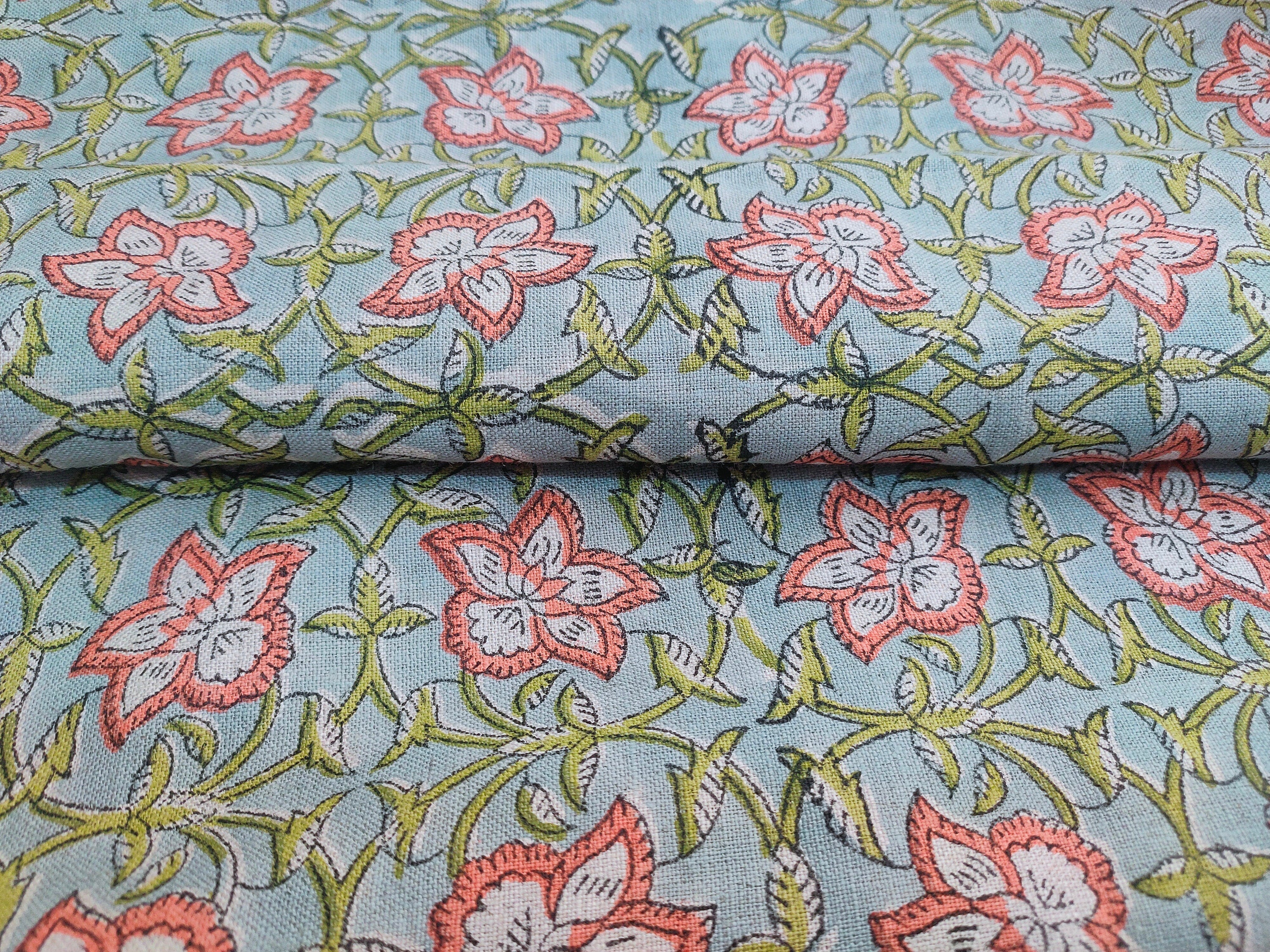 CHUDAMANI, block print linen fabric, Indian print, fabric by yard, sewing fabric, pure linen, floral fabric linen fabric