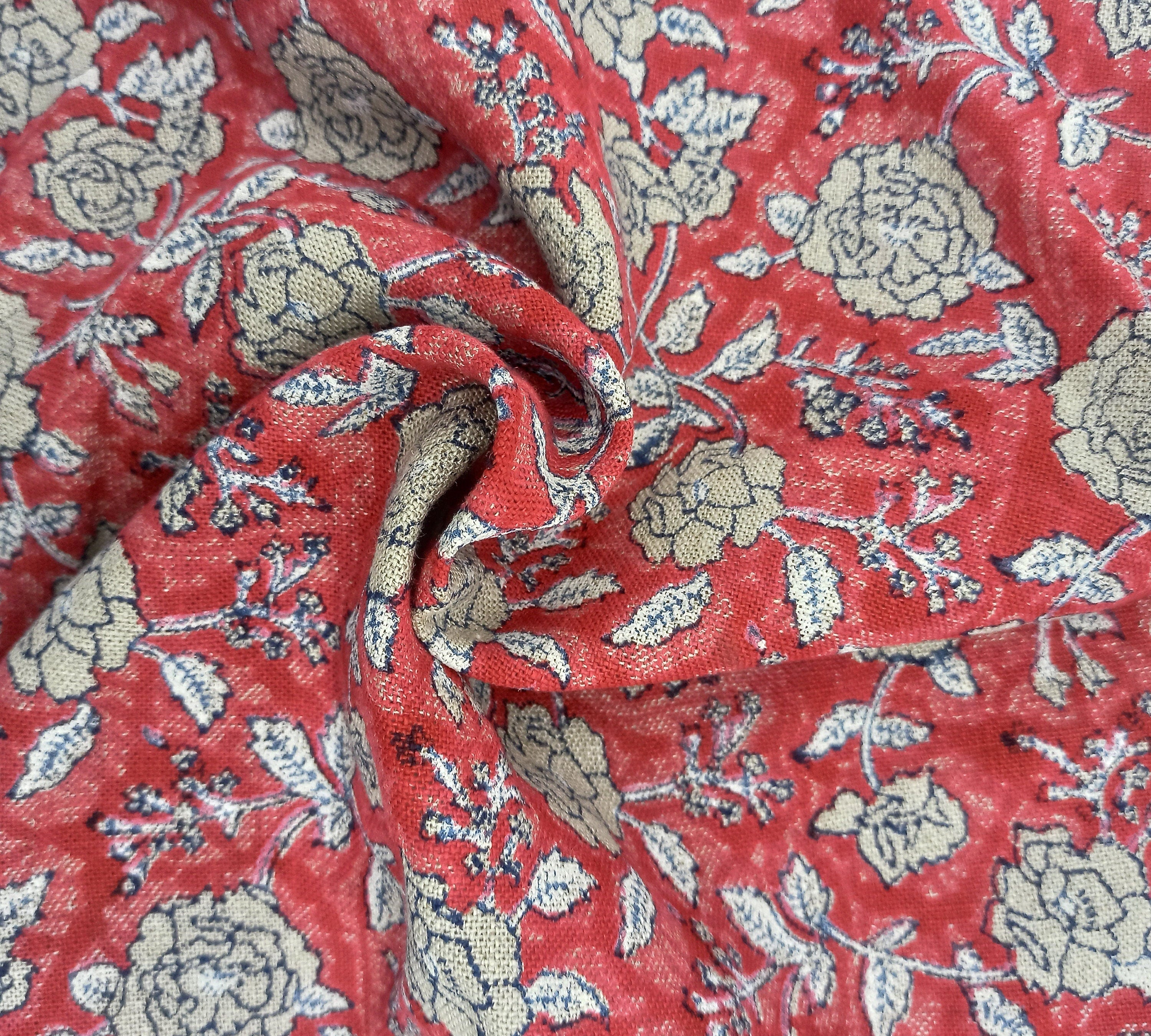 block print fabric 58 inch wide thick Linen, Indian hand stamped, floral curtain, pillow fabric by the yard - gulzar