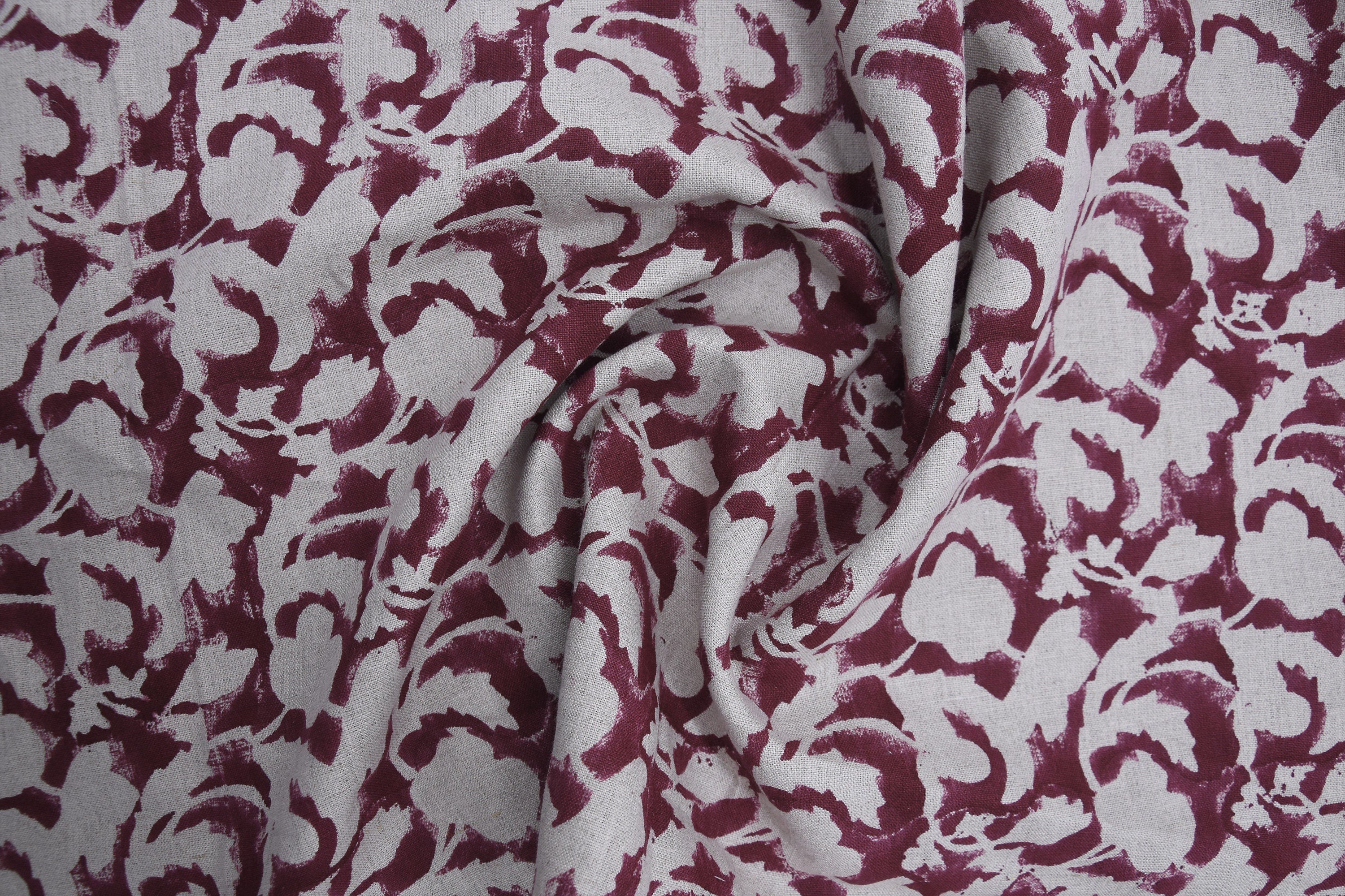 Block print Thick linen fabric, hand stamped, floral pattern, linen textile, Organic Linen, Hand Made Print- Sulit Red