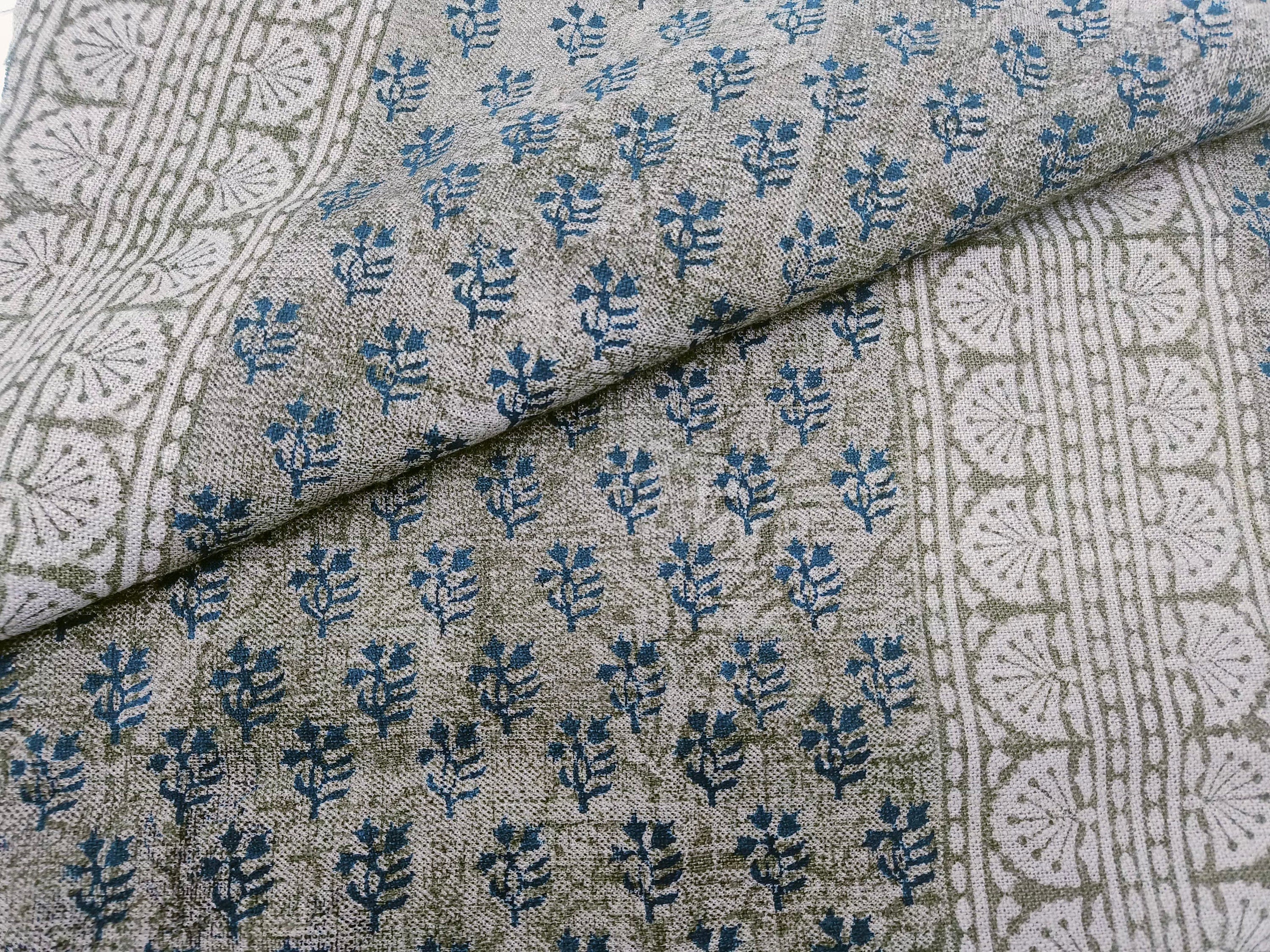 Linen block print fabric , handloom linen 58" wide fabric by the yard, Indian hand block, curtain pillow - RANGOLI ART