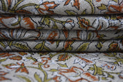 Block Print Thick Linen 58" Wide, Genuine Fabric, Curtain Cover, Beige, Rust Floral, Indian Cushion Cover - Qurbat