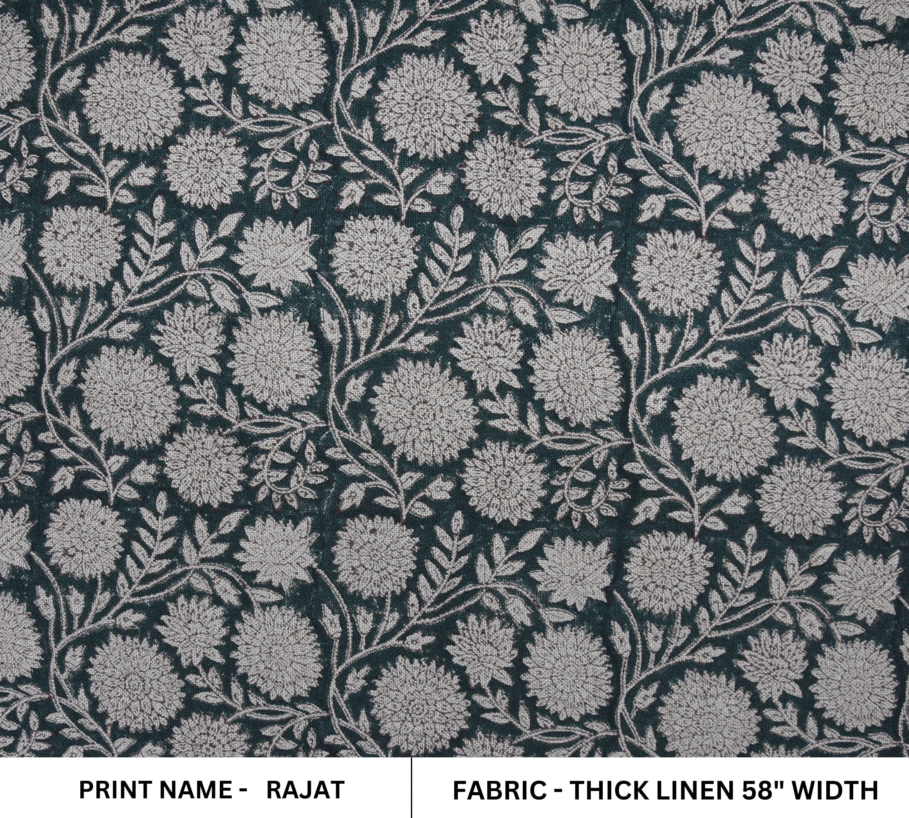 Hand Block Print Thick Linen 58" Wide, Table Curtain Cover, White Floral Pillow Cover, Indian Cushion Cover - Rajat